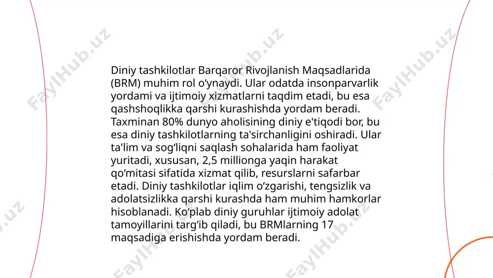 bu tashkilotlar 30% gacha ta'lim muassasalarini boshqarishi mumkin. bunday loyihalar, ayniqsa, qashshoqlik va urushdan zarar ko'rgan hududlarda ta'lim olish imkoniyatini sezilarli darajada oshiradi. xalqaro diniy tashkilotlar faoliyatining tarixi va ularning bargaror rivojlanish magsadlariga erishishdagi ahamiyati asatullayev e'tiboringiz uchun raxmat! image1.png image2.png image3.png /docprops/thumbnail.jpeg