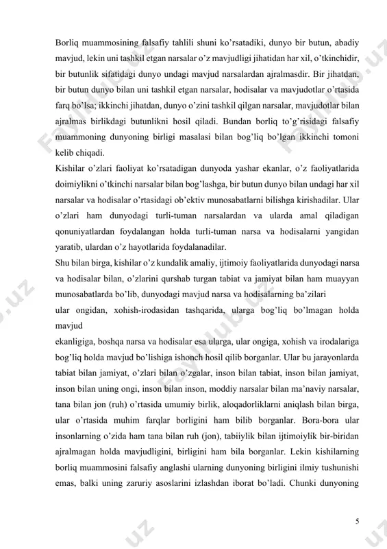 . demak, borliq keng ma’noda eng umumiy tushuncha sifatida bir butun dunyo va undagi narsa va hodisalardan tortib, inson hayoti, ongi, kishilar faoliyatining barcha ob’ektiv va sub’ektiv sharoitlari, hatto jamiyatda sodir bo’ladigan butun jarayonlardan iborat hamma realliklarni o’z ichiga oladi. borliq tushunchasi falsafiy jihatdan juda keng ma’noda bir butun reallik sifatida tushuniladi. shu sababli unga, yuqorida aytilganilardan tashqari, inson hali o’zlashtirib, bilib ulgurmagan narsalar, tabiat hodisalari ham, tabiat boyliklaridan foydalangan holda insoniyat yaratgan barcha narsa va hodisalar, jarayonlar ham, kishilarlarning ijtimoiy hayotlari ham, ularning o’zlari, fikrlari, g’oyalari, qarashlari; ular yashaydigan joylar, ular mehnat qiladigan korxonalar, o’qiydigan va ishlaydigan tashkilotlar ham, jamiyatdagi barcha ijtimoiy, iqtisodiy, siyosiy, mafkuraviy, xullas, ma’naviy munosabatlar ham kiradi. binobarin, har bir kishining hayot faolliyati uning o’zi uchun ham, atrofdagi kishilar uchun ham ma’lum reallik hisoblanadi. shu bilan birga, har bir kishi o’z tanasi, o’z ruhiga, o’z o’tmishi, bugungi va kelajagiga ham, boshqa kishilarga va umuman, butin jamiyatga …