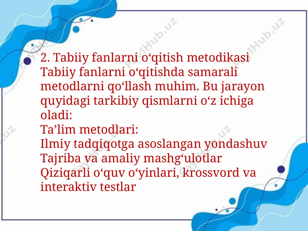 atga nisbatan ongli munosabatni rivojlantirish maqsadida tadqiq qilinadi. --- 1. ilmiy-nazariy yutuqlar tabiiy fanlar ta’limi bo‘yicha zamonaviy yondashuvlar quyidagi asosiy ilmiy yutuqlarga asoslanadi: 1.1. ilmiy asoslar tabiiy fanlarning integratsiyasi – biologiya, kimyo, fizika va geografiyaning o‘zaro bog‘liqligi asosida kompleks yondashuv. konstruktivizm – o‘quvchilarni bilimlarni mustaqil izlashga va tajribalar asosida tushunchalarni shakllantirishga yo‘naltirish. ekologik ta’lim – inson va tabiat o‘rtasidagi munosabatlarni anglash, ekologik madaniyatni rivojlantirish. stem-ta’lim – fan, texnologiya, muhandislik va matematikani uyg‘unlashtirish orqali amaliy bilimlarni mustahkamlash. 1.2. o‘qitish usullarining rivojlanishi eksperimental metodlar – laboratoriya va dala sharoitidagi tadqiqotlar orqali o‘quvchilarning ilmiy tafakkurini rivojlantirish. interfaol o‘qitish – muammoli ta’lim, rol o‘yinlari, munozara va jamoaviy ish usullaridan foydalanish. axborot texnologiyalaridan foydalanish – virtual laboratoriyalar, simulyatsiyalar va ta’limiy dasturlar yordamida ta’lim samaradorligini oshirish. 2. amaliy yutuqlar tabiiy fanlarni o‘qitish metodikasida erishilgan eng muhim amaliy yutuqlar quyidagilar: tajribaviy va laboratoriya ishlarining keng qo‘llanilishi – o‘quvchilarning mustaqil izlanish va tahlil qilish ko‘nikmalarini shakllantirish. ekologik tarbiya …