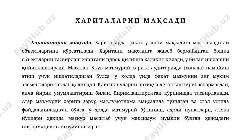 тада ёки рангларни набори чегараланган харитада буни қилиш қийин, шундай экан мазмунни умумлаштириш зарур. хариталарни жиҳозланиши кўп рангли ва битта рангли хариталар г е н е р а л и з а ц и я н и т у р л а р и харитада тасвирланган нарсалар ва ҳодисаларни танлаб олиш: – ценз отбора; – норма отбора. сифат тавсифларини умумлаштириш; миқдор тавсифларини умумлаштириш; танлаб олиш (тушириб қолдириш); геометрик қиёфасини (ташқи кўринишини, контурини); контурларни бирлаштириш. ценз отбора – объектнинг минимал узунлиги ёки майдони, ундан бошлаб харитада объектлар чизилади. норма отбора – харита майдони бирлигига тўғри келадиган кўрсатилган объектлар сони. г е н е р а л и з а ц и я н и т у р л а р и сифат тавсифларини умумлаштириш генерализация қилишда сифат тавсифларини умумлаштириш кенг қўлланилади, ҳодисаларни фарқларини камайтириш, бу ҳар доим таснифлаш (классификациялаш) белгиларини умумлаштириш билан боғланган бўлади. масалан, обзор хариталарда ўрмонларни асосий кўпчилигини ташкил …