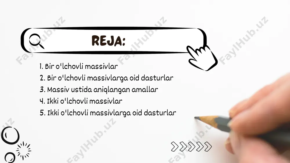 . massiv yagona soni biror bir ifoda yoki o'zgaruvchi bo'lishi mumkin, bitta o'zgaruvchi orqali massivning umumiy indekslarini ifodalash mumkin. massivni tartib nomeri doimo 0 dan boshlanadi. xususiyati: massivlarga doir masalalar xayrullayeva diyora