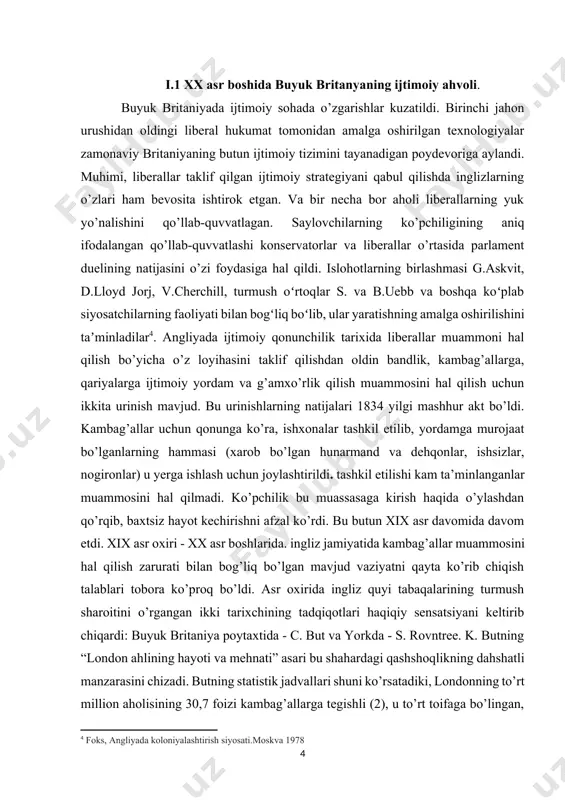 shtirildi. tashkil etilishi kam ta’minlanganlar muammosini hal qilmadi. ko’pchilik bu muassasaga kirish haqida o’ylashdan qo’rqib, baxtsiz hayot kechirishni afzal ko’rdi. bu butun xix asr davomida davom etdi. xix asr oxiri - xx asr boshlarida. ingliz jamiyatida kambag’allar muammosini hal qilish zarurati bilan bog’liq bo’lgan mavjud vaziyatni qayta ko’rib chiqish talablari tobora ko’proq bo’ldi. asr oxirida ingliz quyi tabaqalarining turmush sharoitini o’rgangan ikki tarixchining tadqiqotlari haqiqiy sensatsiyani keltirib chiqardi: buyuk britaniya poytaxtida - c. but va yorkda - s. rovntree. k. butning “london ahlining hayoti va mehnati” asari bu shahardagi qashshoqlikning dahshatli manzarasini chizadi. butning statistik jadvallari shuni ko’rsatadiki, londonning to’rt million aholisining 30,7 foizi kambag’allarga tegishli (2), u to’rt toifaga bo’lingan, ular orasida butun oilalar haftasiga bir necha pensdan ko’p bo’lmagan maosh oladi. statistik ma’lumotlarni tizimlashtirish orqali u o’zining sotsiologik so’rovida birlashgan qirollik poytaxtidagi kambag’allarning katta qismi haqida umidsizlikka uchragan rasmni chizdi. [5: foks, angliyada koloniyalashtirish siyosati.moskva 1978] kambag’allar sinfining …