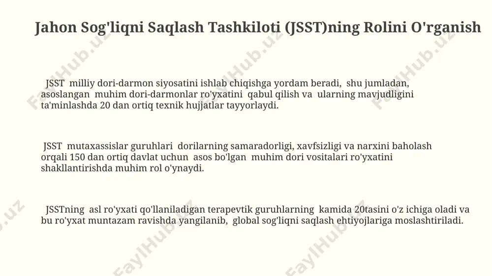 avishda, kamida 3 yilda bir marta qayta ko'rib chiqiladi va yangi tadqiqotlar natijalari, shuningdek, sog'liqni saqlash tizimining o'zgarishlarini hisobga olgan holda yangilanadi, bu esa 10-15% gacha yangilanishni o'z ichiga olishi mumkin. rўyxatga kiritilgan dori vositalari terapevtik guruhlar bo'yicha tasniflanadi va har bir guruhda samaradorligi, xavfsizligi va narxining nisbati bo'yicha eng maqbul dori vositalari tanlanadi, odatda 200 dan ortiq dori vositasi mavjud. rўyxatning tuzilishi whoning standartlariga muvofiq bo'lib, xalqaro nomenklaturaga (inn) asoslangan va dozalar, farmatsevtik shakllari va qo'llash usullari kabi muhim parametrlarni o'z ichiga oladi. muhim dori-darmonlar rўyxatining tug'ilish tarixi rўyxatning qabul qilinishi va qoʻllanilishi rivojlanayotgan mamlakatlarda sogʻliqni saqlash tizimlarini mustahkamlash va arzon, samarali dori-darmonlarga kirishni ta'minlashga yordam bergan. muhim dori-darmonlar rўyxati 1977-yilda jahon sogʻliqni saqlash tashkiloti (jsst) tomonidan dastlabki shakllantirilgan boʻlib, 250 dan ortiq muhim dori vositalarini oʻz ichiga olgan. rўyxatning shakllanishiga global sogʻliqni saqlash ehtiyojlari, infektsion kasalliklarning tarqalishi va mavjud dori-darmonlarning samaradorligi kabi omillar ta'sir koʻrsatgan. muhim dori-darmonlar rўyxatini …