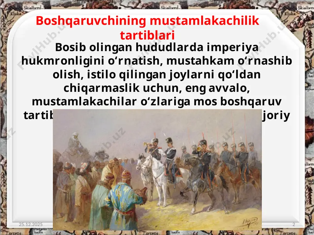 an hisoblangan. 20.08.2020 http://aida.ucoz.ru 9 general gubernator toshkent xix asr rossiya imperiyasidagi hech bir gubernada bunday katta vakolatga ega bo‘lgan boshqaruv organi mavjud bo‘lmagan. uyezdlar volostlarga, volostlar o‘troq aholi yashaydigan hududlarda qishloqlarga, chorvador aholi yashaydigan hududlarda esa ovullarga bo‘lindi. 20.08.2020 http://aida.ucoz.ru 10 o‘rta osiyoning rossiya imperiyasi tomonidan bosib olinishi bilan bir vaqtda uni kelgusida qanday boshqarish va o‘z manfaatlari yo‘lida foydalanish hal qilib borilgan. 20.08.2020 http://aida.ucoz.ru 11 o‘rta osiyoda rossiya imperiyasi hukumatining yana bir asosiy maqsadi - bu imperiyaning markaziy rayonlaridan bu yerlarga aholini ko‘chirib keltirib joylashtirish bo‘lgan. 20.08.2020 http://aida.ucoz.ru 12 1877-yilda toshkentda «shahar nizomi» joriy etilgan bo‘lib, unga muvofq shahar boshqaruvi dumaga o‘tgan edi. 20.08.2020 http://aida.ucoz.ru 13 duma a’zolarining 1/3 qismi eski shahar qismidan, 2/3 qismi esa yangi shahar qismidan saylangan. 1886-yil 12-iyulda imperator aleksandr iii tomonidan yangi «turkiston o‘lkasini idora qilish to‘g‘risidagi nizom» tasdiqlandi. 20.08.2020 http://aida.ucoz.ru 14 mazkur nizomning asosiy maqsadi o‘lkada ma’muriy boshqaruvni mustahkamlash va yerdan foydalanish …