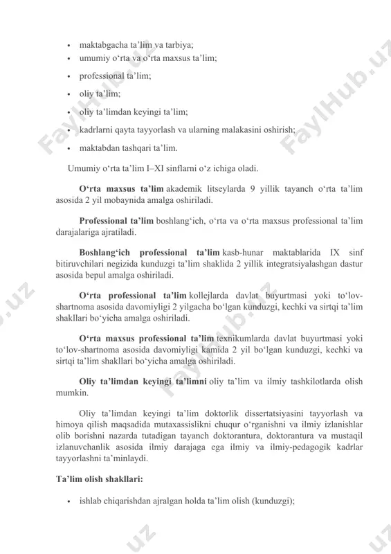 oliy ta’limdan keyingi ta’limni oliy ta’lim va ilmiy tashkilotlarda olish mumkin. oliy ta’limdan keyingi ta’lim doktorlik dissertatsiyasini tayyorlash va himoya qilish maqsadida mutaxassislikni chuqur o‘rganishni va ilmiy izlanishlar olib borishni nazarda tutadigan tayanch doktorantura, doktorantura va mustaqil izlanuvchanlik asosida ilmiy darajaga ega ilmiy va ilmiy-pedagogik kadrlar tayyorlashni ta’minlaydi. ta’lim olish shakllari: · ishlab chiqarishdan ajralgan holda ta’lim olish (kunduzgi); · ishlab chiqarishdan ajralmagan holda ta’lim olish (sirtqi, kechki, masofaviy); · dual ta’lim; · oilada ta’lim olish va mustaqil ta’lim olish; · katta yoshdagilarni o‘qitish va ularga ta’lim berish; · inklyuziv ta’lim; · eksternat tartibidagi ta’lim; · mudofaa, xavfsizlik va huquqni muhofaza qilish faoliyati sohasida kadrlar tayyorlash. qonunga ko‘ra, davlat oliy ta’lim, o‘rta maxsus, professional ta’lim muassasalari va ularning filiallari, shuningdek davlat ishtirokidagi oliy, o‘rta maxsus, professional ta’lim tashkilotlari va ularning filiallari prezident yoki hukumat qarorlari bilan tashkil etiladi. nodavlat ta’lim muassasalarini tashkil etish ularning ta’sischilari tomonidan amalga oshiriladi. nodavlat ta’lim …