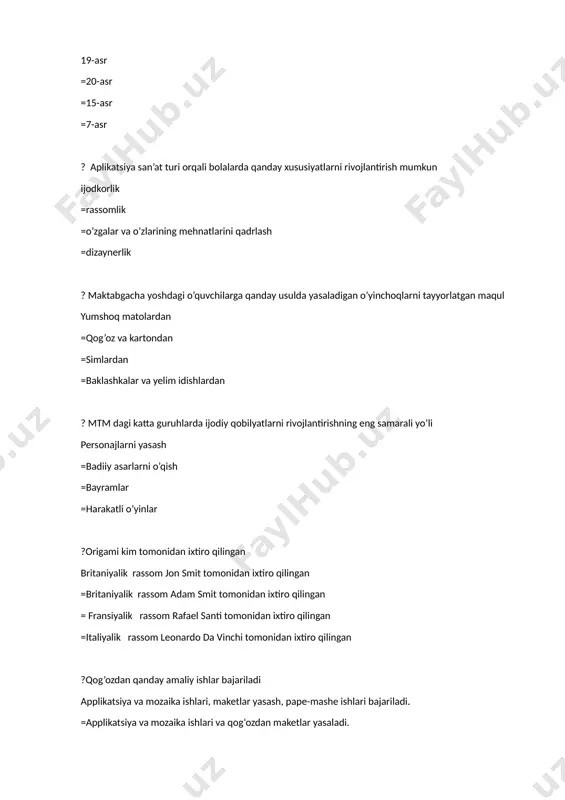 n fransiyalik amaldor modelyer eten siluet familiyasidan olinganidan =fransiyalik amaldor eten siluet ismidan olinganidan =italiyalik modelyer eten siluet familiyasidan olinganidan =germaniyalik amaldor eten siluet familiyasidan olinganidan ?applikatsiya turlari bo’yicha necha hil mashg'ulotlarga bo'linadi 3 =6 =8 =4 ?applikatsiya turlari bo’yicha qanday mashg'ulotlarga bo'linadi predmetli, syujetli-tematik, dekorativ =predmetli, syujetli-tematik =predmetli, dekorativ =syujetli-tematik, dekorativ ?origami nima origami (yaponcha "buklangan qog'oz") - qog'oz shakllarini yig'ishning qadimiy san'ati =origami (koreyscha "buklangan qog'oz") - qog'oz shakllarini yig'ishning yangi san'ati =origami (yunoncha "buklangan qog'oz") - qog'oz shakllarini yig'ishning zamonaviy san'ati =origami (italyancha "buklangan qog'oz") - qog'oz shakllarini yig'ishning qadimiy san'ati ?origami san'ati 1-bo`lib qayerda ixtiro qilingan origami san'ati 1-bo`lib qadimgi xitoyda ixtiro qilingan =origami san'ati 1-bo`lib qadimgi eronda ixtiro qilingan =origami san'ati 1-bo`lib yaponiyada ixtiro qilingan =origami san'ati 1-bo`lib amerikada ixtiro qilingan ?origami qanday yoshdagi bolalar uchun foydalidir 3 yoshdan 15 yoshgacha bo'lgan bolalar uchun foydali =4 yoshdan 12 yoshgacha bo'lgan bolalar uchun foydali =3 yoshdan …