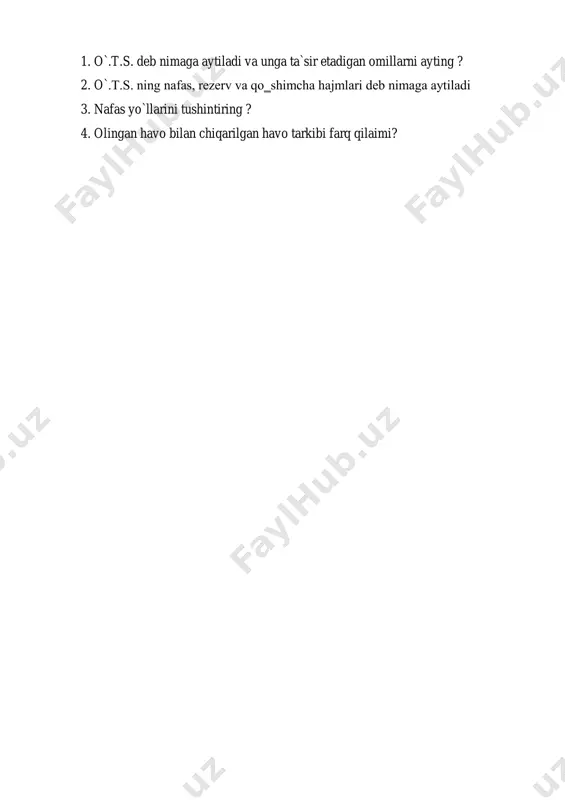 miqdori nafas olish havosi rezerv nafas chiqarish havosi o`pkaning tiriklik sig`imi 500 1500 3500 topshiriq:tajriba natijalarini qayd qiling va savollarga javob bering. 1. o`.t.s. deb nimaga aytiladi va unga ta`sir etadigan omillarni ayting ? 2. o`.t.s. ning nafas, rezerv va qo‗shimcha hajmlari deb nimaga aytiladi 3. nafas yo`llarini tushintiring ? 4. olingan havo bilan chiqarilgan havo tarkibi farq qilaimi?