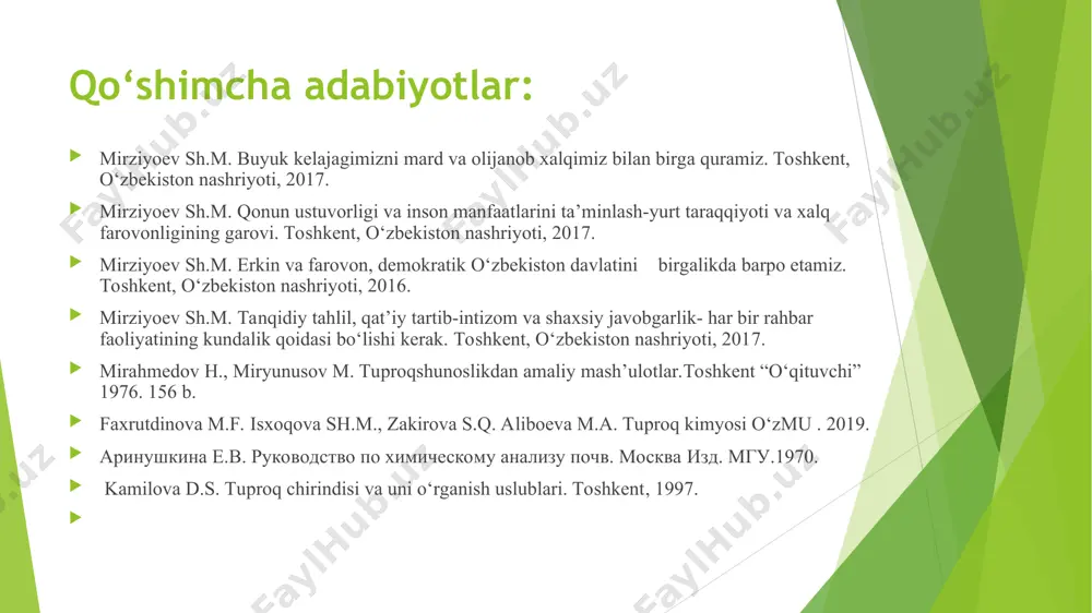 ari kabilar) 5 foiz chamasida bo’ladi (10-rasm). tuproqning yuzasi va butun profilida to’planadigan barcha o’simlik va hayvon qoldiqlari organik moddalaming potensial manbai hisoblanadi hamda tuproq paydo bo’lish jarayonlarida aktiv qatnashadi. tuproqdagi biomassa zahirasi, uning strukturasi, dinamikasi va tarkibi turli tabiiy zonalarda bir xil emas. ayniqsa yashil o’simliklar eng ko’p biomassa to’plash imkoniyatiga ega. har yili to’planadigan organik modda (biomassasi) gektariga o’rtacha 4,2-13,7 tonnani, nam subtropik o’rmonlarida esa hatto 30-35 tonnani tashkil etadi. ulaming har yili to’playdigan biomassasi umurtqasiz hayvonlar va mikroorganizmlarga nisbatan o’nlab, yuzlab marotaba, umurtqali hayvonlarga nisbatan esa bir necha ming marotaba ko’p. shuning uchun ham tuproqdagi organik moddalaming asosiy qismi yashil o’simliklaming yer yuzasiga tushadigan qoldiqlari va ildizlari hisobiga bo’ladi (11-rasm). 2.tuproqda organic moddalarning guruhlanishi tuproqdagi organik moddalar o’zining tabiati va tuproq paydo bo’lish jarayonlaridagi roliga ko'ra ikki gruppaga bo’linadi. birinchi gruppaga tuproqdagi nospesifik (gumusga xos xususiyatga ega bo’lmagan) organik moddalar, ya’ni tuproqda hosil bo’lmagan moddalar, chunonchi fito-, …