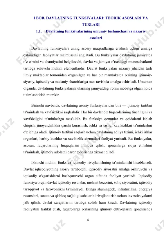 lantirish, tarixiy merosni asrab-avaylash va madaniyatning turli sohalarini qo'llab-quvvatlash orqali o'zining ma'naviy funksiyasini bajaradi. bu funksiya orqali davlat, jamiyatning o'ziga xos ma'naviy merosi va qadriyatlarini saqlashni va kelajak avlodlarga etkazishni maqsad qiladi. shuningdek, davlat o'z fuqarolarining ma'naviy rivojlanishi uchun turli xil madaniy tadbirlar, ilmiy tadqiqotlar va ijtimoiy faoliyatlarni rag'batlantiradi. davlatning tashqi siyosatdagi funksiyasi ham juda muhim hisoblanadi. bu funksiya davlatning tashqi aloqalarini, xalqaro munosabatlarini, o'zaro savdo, siyosiy va iqtisodiy hamkorlikni boshqarishni o'z ichiga oladi. davlatning tashqi siyosati uning milliy xavfsizligini ta'minlash, xalqaro maydonda o'zining manfaatlarini himoya qilish va diplomatik aloqalarni rivojlantirishga qaratilgan. tashqi siyosat orqali davlat o'zining xalqaro munosabatlaridagi strategik pozitsiyasini belgilaydi va boshqa davlatlar bilan o'zaro hamkorlikni rivojlantiradi. 1.2. davlatning funksiyalari turlari: ichki va tashqi funksiyalar davlatning funksiyalari uning jamiyatdagi o'rni va ahamiyatiga qarab ichki va tashqi funksiyalar deb ikki guruhga bo'linadi. ichki funksiyalar davlatning ichki tizimi va jamiyat bilan bog'liq bo'lgan barcha faoliyatlarni o'z ichiga oladi. tashqi funksiyalar …