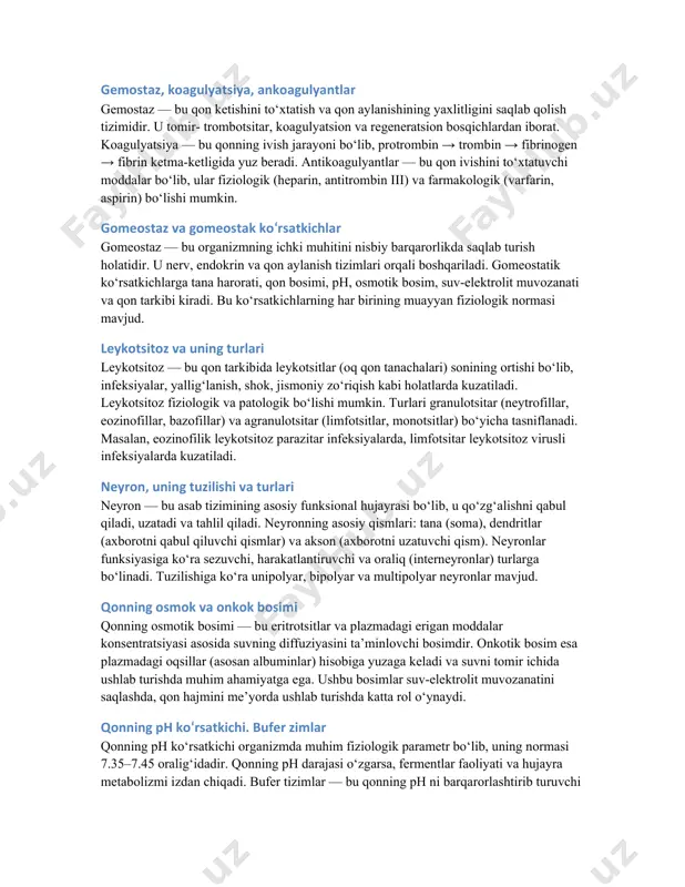 arayonidir. gemoliz fiziologik (qari eritrotsitlar taloqda parchalanadi) yoki patologik (intoksikatsiya, autoimmun jarayonlar, infektsiyalar) bo‘lishi mumkin. gemolizning ichki (intravaskulyar) va tashqi (ekstravaskulyar) turlari mavjud. intravaskulyar gemolizda eritrotsitlar qon ichida parchalanadi, ekstravaskulyar holatda esa ular jigar va taloqda makrofaglar tomonidan yutiladi. gemostaz, koagulyatsiya, antikoagulyantlar gemostaz — bu qon ketishini to‘xtatish va qon aylanishining yaxlitligini saqlab qolish tizimidir. u tomir- trombotsitar, koagulyatsion va regeneratsion bosqichlardan iborat. koagulyatsiya — bu qonning ivish jarayoni bo‘lib, protrombin → trombin → fibrinogen → fibrin ketma-ketligida yuz beradi. antikoagulyantlar — bu qon ivishini to‘xtatuvchi moddalar bo‘lib, ular fiziologik (heparin, antitrombin iii) va farmakologik (varfarin, aspirin) bo‘lishi mumkin. gomeostaz va gomeostatik ko‘rsatkichlar gomeostaz — bu organizmning ichki muhitini nisbiy barqarorlikda saqlab turish holatidir. u nerv, endokrin va qon aylanish tizimlari orqali boshqariladi. gomeostatik ko‘rsatkichlarga tana harorati, qon bosimi, ph, osmotik bosim, suv-elektrolit muvozanati va qon tarkibi kiradi. bu ko‘rsatkichlarning har birining muayyan fiziologik normasi mavjud. leykotsitoz va uning turlari …