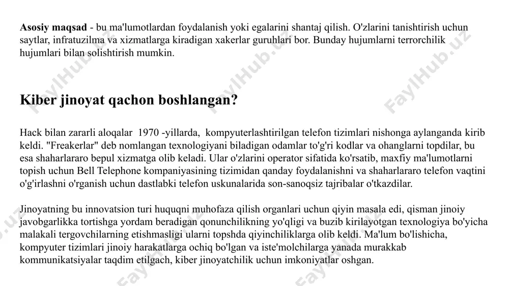 ladi, ma'lumotlarni yig'ish va kuzatish uchun dasturlarni o'rnatadi, fayllarni nusxalash va / yoki yo'q qiladi. fishing: zararli kodli xabarlar yoki elektron pochta xabarlarini yuborish. havolani bosish orqali firibgarlar sizning shaxsiy va to'lov ma'lumotingizga kirishadi. vositachilik kiberhujumi (mitm ): xakerlar ikki kishi yoki qurilma o'rtasidagi ma'lumot va aloqani to'xtatadi. bu umumiy wi-fi tarmog'i yoki zararli dastur yordamida amalga oshiriladi. xizmatdan voz kechish (ddos) hujumi: xakerlar sayt yoki xizmatga doimiy ravishda so'rovlar yoki tashriflar oqimini boshlaydi. natijada u qulab tushadi va ishlashni to'xtatadi. sql in'ektsiyasi: zararli kod sql (tuzilgan so'rovlar tili) so'rovlarini, ya'ni tuzilgan ma'lumotlar bazalariga qarshi so'rovlarni qayta ishlaydigan serverga kiritiladi. ba'zan kodni qidirish satriga kiritish kifoya. zero day(0 kunlik): ular ishlab chiquvchilar o'zlari hali kashf etmagan va tuzatishga ulgurmagan zaifliklarga hujum qilganda. dns tunnellari: 53 -port orqali boshqa http trafigini va boshqa protokollarni uzatish uchun dns protokoli yordamida kiberhujum. dns (domain name system) - bu domenlar haqida ma'lumot olish uchun …