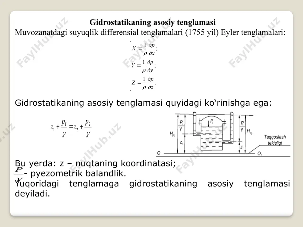 ri. bitta tinglovchining javobi bitta tinglovchining to‘g‘ri javobdan farqi guruhning javobi guruh javobining to‘g‘ri javobdan farqi to‘gri javob 1. gidrostatikaning asosiy tenglamasi. 2. gidrostatik bosim o‘lchov birliklari 3. manometrik va vakuummetrik bosimlar 4 bosimni o‘lchash asboblari baho o’tilgan mavzu bo‘yicha amaliy mashg‘ulot darsi uchun blits – so‘rov usuli a.arifjonov, x.fayziyev, a.toshxo’jayev, gidravlika (darslik) - toshkent, 2019 y. a.arifjonov, x.fayziyev, a.toshxo’jayev, gidravlika (darslik) - toshkent, 2020 y. q.t. raximov, a.k. xodjiyev, t.u.apakxujayeva, z.i. ibragimova,m.y. otaxonov, d.sh. allayorov , gidravlika (o‘quv qo‘llanma ) -toshkent, 2019 y. arifjanov a., gurina p.n.. gidravlika (uchebnoe posobie). -tashkent. timi, 2011g. arifjanov a.m. «gidravlikadan masalalar to'plami» - toshkent, 2004 y. arifjanov a.m., raximov q.t., xodjiev a.q. «gidravlika», toshkent. timi, 2016y. bozorov d.r., karimov r.m., kazbekov j.s., xidirov s.q. «gidravlika» toshkent, 2003 y. latipov k.sh. «gidravlika va gidravlik mashinalar», toshkent. o'qituvchi, 2011y. latipov k.sh., arifjanov a., kadirov x., toshov b. «gidravlika va gidravlik mashinalar», navoiy sh., alisher navoiy, …