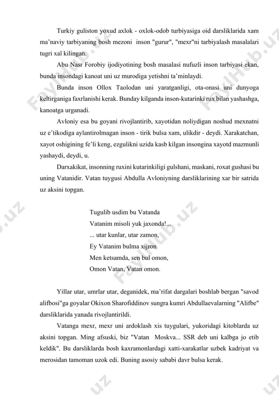 ga kadam bosgan bola badanini sogligiga katta e’tibor berilishi lozim deb xisoblaydi. "badanning salomat va kuvvatli bulmogi insonga eng kerakli narsadir. chunki, ukimok va urgatmok uchun insonga kuchlik, kasalsiz jasad lozimdur" deb yozgan edi, avloniy. mustakil uzbekistonda xozir yoshlarni "soglom avlod" uchun kelib tarbiyalashga katta axamiyat berilmokda. bunda jismoniy soglom bola yetishtirish ta’lim-tarbiya ishining asosini kuyilishi ta’kidlanmokda. abdulla avloniyning "badan tarbiyasining rux tarbiyasiga kumak beruvchi vositadir" - degan edi. abdulla avloniy tarbiyasiga aloxida e’tibor bergan edi. bolaning fikrlashga urgatish akliy tarbiyaning vazifasiga kiradi. "akl insonlarning piri omili, murshidi yagonasidir. rux ishlovchi akl boshlovchidir" - degan edi avloniy. abdulla avloniyning bolalarni aklini peshlovchi ularda xam fikrlash xam insoniy gurux fazilatlarni tarbiyalovchi goyasini ochib beruvchi fikrlaridan ayrim namunalar keltiramiz. bu mavzular avloniy uzining "birinchi muallim" darsligida "taksim", "ikki devona", "ochkuzlik", "akli bogbon" xikoyalari kiritilgan bulib, ular zamona ruxiga moslashtirilgan. u shark falkloridagi mavjud bulgan bunday xikoyalarni millat maktab bolalariga moslashtiradi. masalan, "taksim" …