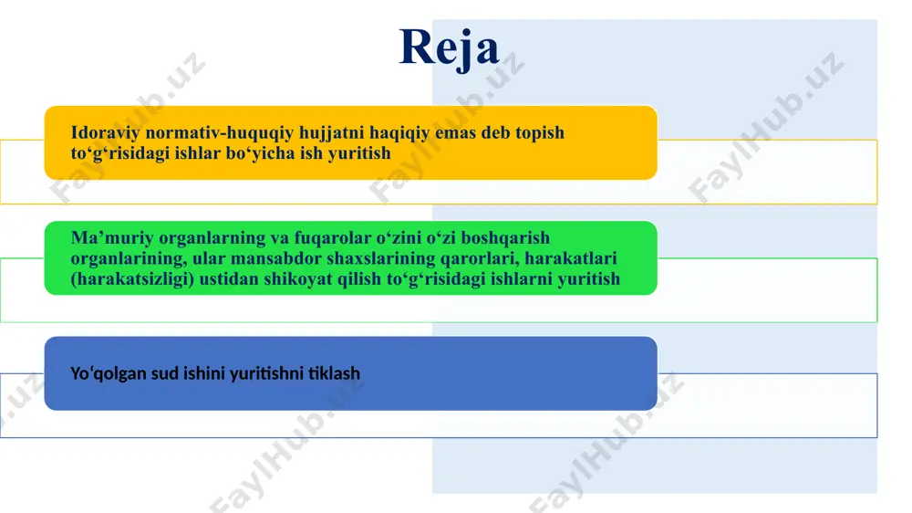 to'g'risidagi kodeksi oliy sud sudlovga taalluqligi va tegishliligi idoraviy normativ-huquqiy hujjatni haqiqiy emas deb topish to‘g‘risidagi ishlar bo‘yicha ish yuritish murojaat qilish huquqi hal qiluv qarorini e’lon qilish hal qiluv qarori ishni ko`rib chiqish xususiyatlari arizaning mazmuni fuqaro yanguli sog`liqni saqlash vazirining “chet el fuqarolari va fuqaroligi bo‘lmagan shaxslarga tibbiy yordam ko‘rsatish tartibi to‘g‘risidagi nizomni tasdiqlash haqida”gi buyrug‘ini haqiqiy emas deb topishni so‘rab sudga murojaat qildi? 1. qaysi sudga murojaat qilishi kerak? 2. sud qaysi asosga ko‘ra ish yuritishni boshlashi kerak? 3. sudning xatti-harakatlari nimalardan iborat bo‘ladi? o‘ziga nisbatan idoraviy normativ-huquqiy hujjatning amal qilishi tatbiq etiladigan fuqaro yoki yuridik shaxs mazkur hujjat o‘zbekiston respublikasi konstitutsiyasi va qonunlari bilan kafolatlangan uning huquqlari va qonuniy manfaatlarini buzgan deb hisoblasa, ushbu idoraviy normativ-huquqiy hujjatni to‘liq yoki qisman haqiqiy emas deb topish to‘g‘risidagi ariza bilan sudga murojaat qilishga haqli. idoraviy normativ-huquqiy hujjatni haqiqiy emas deb topish to‘g‘risidagi ariza ushbu kodeksning 128-moddasida nazarda tutilgan talablarga …