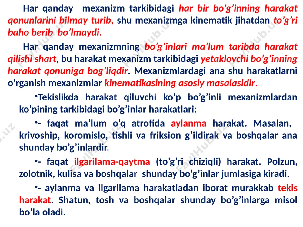 ishlar analoglari berilgan tuzilish sxemasiga va berilgan o’lchamli bo’g’inlarga ega bo’lgan mexanizmning bir-biriga bog’liq bo’lmagan kinematik parametrlari soni mexanizmning erkinlik darajalari soniga yoki mexanizmning umumlashgan koordinatalari soniga tengdir. bir yoki bir qancha umumlashgan koordinataga ega bo’lgan bo’g’in boshlang’ich bo’g’in deyiladi. masalan, qo’zg’almas nuqta atrofida aylanuvchi, ya’ni ustun 2 bilan birga sferik juftlik hosil qiluvchi bo’g’in 1 uchta erkinlik darajasiga ega bo’lib, uning holati uchta parametr bilan – uchta eyler burchaklari φ1, ψ1 va θ1 bilan aniqlanadi. qo’zg’almas o’q atrofida aylanuvchi, ya’ni ustun 2 bilan birga aylanma kinematik juftlik hosil qiluvchi bo’g’in 1 bitta erkinlik darajasiga ega va uning holati bitta parametr bilan, masalan, burchak koordinatasi φ1 bilan aniqlanadi. ustunga nisbatan ilgarilama harakatlanuvchi bo’g’in ham bitta erkinlik darajasiga ega bo’lib, uning holati bitta parametr – xb koordinata bilan aniqlanadi. mexanizmlarning holat va uzatish funksiyalari. tezlik va tezlanishlar analoglari misol tariqasida n-chiqish bo’g’iii ω burchak tezligi bilan aylanma harakat qiluvchi (iii.3- shakl; …