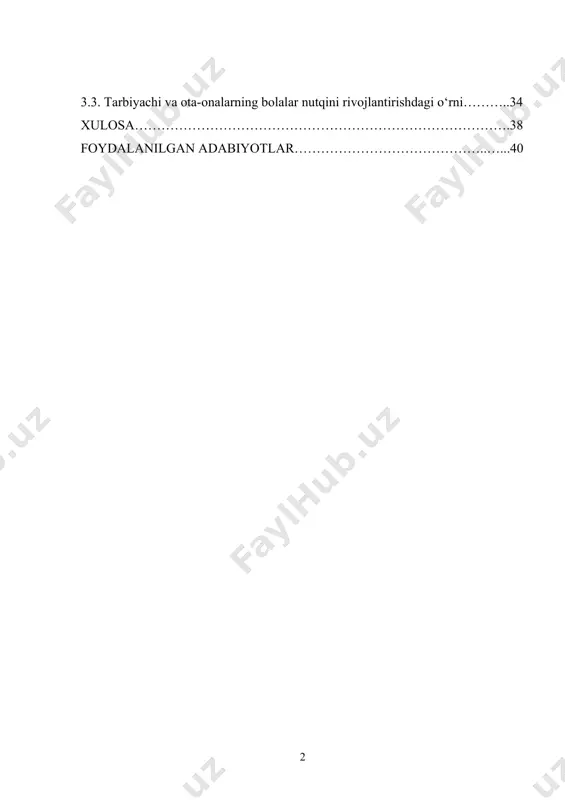 rini, hissiyotlarini va tajribalarini ifoda etishining asosiy vositasi bo'lib, bolalar uchun ijtimoiy muloqot va o'zaro aloqalar o'rnatishning muhim omilidir[footnoteref:1]. bolalarning nutqiy rivojlanishi, ularning kelajakdagi ta'lim jarayoni, ijtimoiy hayoti va hissiy intellekti bilan bevosita bog'liqdir. maktabgacha ta'lim muassasalari bolalar nutqini rivojlantirishda muhim rol o'ynaydi, chunki bu davrda bolalar tilni o'zlashtirishda va muloqot ko'nikmalarini shakllantirishda eng faol bo'lishadi. [1: murodova, d. (2021). maktabgacha ta'limda nutq rivojlanishi: nazariy va amaliy jihatlar. tashkent: o'qituvchi. ] bolalar nutqini rivojlantirish jarayonida tarbiyachilar, ota-onalar va pedagogik jamoatchilik o'rtasidagi hamkorlik muhimdir. tarbiyachilar bolalar bilan bevosita ishlash orqali ularning individual ehtiyojlarini inobatga olgan holda ta'lim jarayonini tashkil etishlari zarur. ota-onalar esa bolalarining nutqiy rivojlanishini qo'llab-quvvatlashda muhim rol o'ynaydilar. ular bolalari bilan muloqot qilish, o'yinlar o'ynash va kitoblar o'qish orqali nutq ko'nikmalarini rivojlantirishda faol ishtirok etishlari kerak. nutqni rivojlantirishda interaktiv o'yinlar, hikoya aytish, musiqiy faoliyatlar va audiovizual materiallardan foydalanish samarali usullar hisoblanadi. ushbu metodlar bolalarning qiziqishini oshirib, ta'lim jarayonini yanada …
