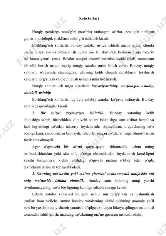 a’no qirrasini tushuntirishdir. morfologik-uslubiy xatolarga so’z shaklini, so’z o’zgartuvchi va so’z yasovchi qo’shimchalarni noto’g’ri qo’llashdan kelib chiqadigan xatolar kiradi. sintaktik-uslubiy xatolarga so’z birikmasi va gap tuzishga oid xatolar kiradi. bunday xatolar juda xilma-xildir. kompozitsion, mantiqiy va dalillarni noto’g’ri bayon qilish nutqiy xato hisoblanmaydi. tipik kompozitsion xatoga insho, hikoya, bayonning tuzilgan rejaga mos kelmasligi, ya’ni voqea, kuzatishlarni bayon etishda izchillikning buzilishi kiradi. inshoga tayyorgarlik vaqtida o’quvchilar kuzatish, material to’plash, dalillarni tanlashda tartibsiz, rejasiz ish tutsalar, hikoyani qanday boshlash, keyin nimalar haqida yozish va uni qanday tugatishni aniq ko’z oldilariga keltira olmaydilar, natijada kompozitsion xatoga yo’l qo’yadilar. bunday xato hikoya mazmunini to’liq qamrab ololmaslik, materialni o’z o’rniga joylashtira olmaslik natijasidir. inshoni rejali, izchil yozish ko’nikmasi murakkab ko’nikma bo’lib, u o’quvchilarda muntazam bajariladigan mashqlar yordamida asta shakllana boradi. mantiqiy xatolar: 1. tasvirlanayotgan voqea-hodisa uchun zarur bo’lgan so’z, ba’zan zarur lavha, dalil tushirib qoldiriladi. bunday xatoning sababini tushunish uchun o’quvchining insho yozish vaqtidagi ruhiy …