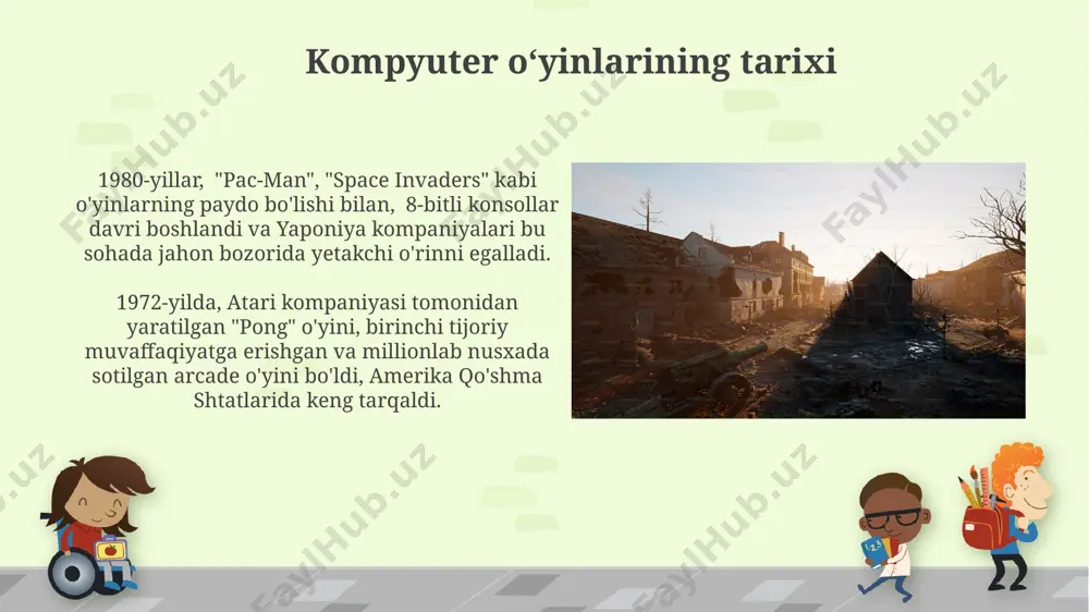 ahon bozorini inqilob qildi. oʻrta asrlardagi oʻyinlarning rivojlanishi o'rta asr buxoro shahrida, taxminan 12-13 asrlarda, "mancala" o'yinining turli xil variantlari keng tarqalgan bo'lib, ularning ba'zilari yog'ochdan, boshqalari esa toshdan yasalgan maxsus taxtachalarda o'ynalgan. 14-asrning oxiri va 15-asrning boshlarida, movarounnahr hududida, "xat" deb nomlangan strategik stol o'yini paydo bo'lib, uning qoidalari murakkab va harbiy taktikaga asoslangan edi. oʻyinlarning psixologik taʼsiri oʻyinlar, ayniqsa 3 yoshdan 7 yoshgacha boʻlgan bolalarda, ijtimoiy koʻnikmalarni rivojlantirishga, masalan, hamkorlik va raqobatga, ijobiy taʼsir koʻrsatadi, bu esa keyinchalik hayotda muvaffaqiyatga erishishga yordam beradi. qoʻrqinch va stressni boshqarishda oʻyin terapiyasi samarali vosita boʻlib, 100 dan ortiq psixologlar tomonidan qoʻshma shtatlarning turli klinikalarida qoʻllaniladi va bolalardagi ruhiy zoʻriqishni kamaytirishga yordam beradi. zamonaviy oʻyinlarning paydo boʻlishi 1970-yillarning boshlarida, aqshning kaliforniya shtatida, atari kompaniyasi tomonidan pong o'yini yaratildi va bu zamonaviy video o'yinlar sanoatining boshlanishi deb hisoblanadi. 1990-yillarning oxirida, 3d grafikalar texnologiyasining rivojlanishi tufayli, playstation va nintendo 64 kabi konsollar zamonaviy o'yinlarning …