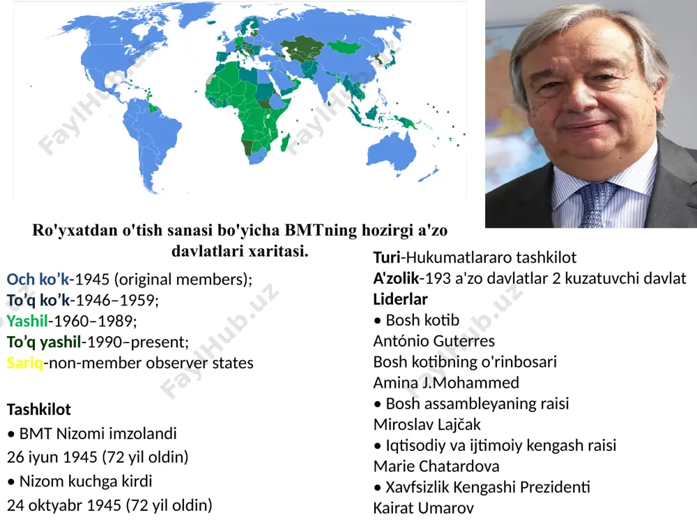 bosh o’fislar jeneva, nayrobi va vena shaharlarida joylashgan. tashkilot a'zo davlatlardan baholash va ixtiyoriy badallar bilan moliyalashtiriladi. uning asosiy maqsadi xalqaro tinchlik va xavfsizlikni ta'minlash, inson huquqlarini qo'llab-quvvatlash, ijtimoiy va iqtisodiy rivojlanishni ta'minlash, atrof-muhitni muhofaza qilish va ocharchilik, tabiiy ofat va qurolli mojarolar sharoitida insonparvarlik yordamini ko'rsatishni o'z ichiga oladi. birlashgan millatlar tashkiloti dunyodagi eng yirik, eng taniqli, xalqaro miqyosda namoyish etilgan va eng kuchli hukumatlararo tashkilotdir. birlashgan millatlar tashkiloti to'rtta maqsadga ega: xalqaro tinchlik va xavfsizlikni ta'minlash; davlatlar o'rtasida do'stona munosabatlarni rivojlantirish; xalqaro muammolarni hal etishda va inson huquqlarini hurmat qilishda hamkorlik qilish; xalqlar harakatlarini uyg'unlashtiruvchi markaz bo'lishi kerak. 2000 yilda mingyillik sammiti bmtning xxi asrdagi ro’lini muhokama qilish uchun o'tkazildi. uch kunlik yig'ilishda barcha a'zo davlatlar tomonidan mingyillik rivojlanish maqsadlari (mrm) qabul qilindi: qashshoqlik darajasini pasaytirish, gender tengligi va ijtimoiy sog'liqni saqlash. ushbu maqsadlarga erishish 2015 yilga to'g'ri kelishi kerak edi. 2005 yilgi butunjahon sammiti bmtning taraqqiyot, tinchlikni …