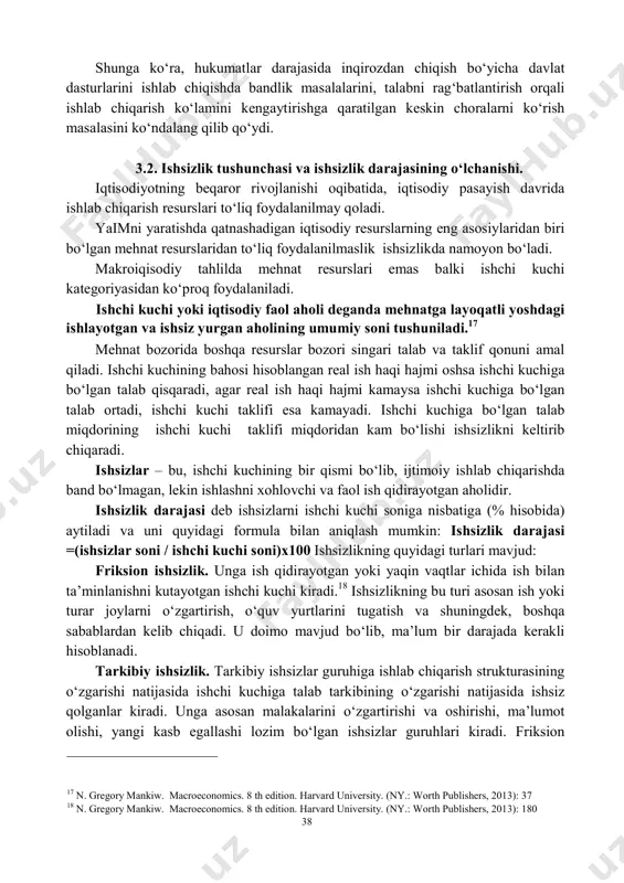 iyotga va xususan moliyaviy bozorlarga aralashuvini cheklanganligi bilan ham izohlamoqdalar. yuzaga kelgan global moliyaviy –iqtisodiy inqiroz jahonning asosiy moliyaviy markazlari hisoblangan yirik fond bozorlarini o‘z ichiga oluvchi mamlakatlar iqtisodiyotiga jiddiy ta’sir ko‘rsatdi. uning o‘ziga xos xususiyati shundaki, moliyaviy inqiroz inflatsiya, qator banklar va moliyaviy muassasalarning tanazzulga yuz tutishi ta’sirida ishsizlik, ishlab chiqarish sur’atlarining pasayishi va boshqalar negizida iqtisodiy inqiroz shaklida kuchayib bormoqda. bundan ko‘rinadiki, hozirgi jahon moliyaviy inqirozining o‘ziga xos xususiyati – bu uning iqtisodiyotning moliyaviy sektoridan boshlanib, real sektoriga o‘tganligidir. global inqiroz bo‘yicha ko‘p sonli nashrlarni tahlil qilish shuni ko‘rsatdiki, dunyoning rivojlangan davlatlari uchun inqirozning harakat nuqtasi moliyaviy bozorlarning beqarorligi bo‘ldi va inqirozning rivojlanishi sxemasi quyidagi ko‘rinishda bo‘ldi: moliyaviy bozorlarning beqarorligi → kreditlarning qisqartirilishi va iste’molning pasayishi → ishlab chiqarish va eksportning qisqarishi, ishsizlikning o‘sishi. 38 shunga ko‘ra, hukumatlar darajasida inqirozdan chiqish bo‘yicha davlat dasturlarini ishlab chiqishda bandlik masalalarini, talabni rag‘batlantirish orqali ishlab chiqarish ko‘lamini kengaytirishga qaratilgan keskin choralarni …