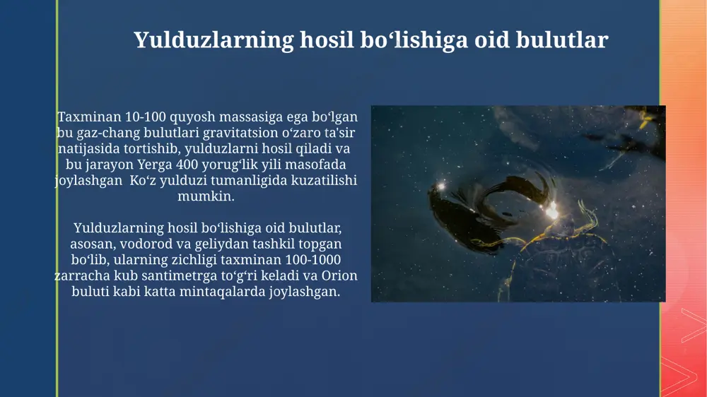 fayli sodir bo'ladi va quyosh massasining 8 dan 20 baravarigacha bo'lgan yulduzlarda kuzatiladi. asosiy ketma-ketlik yulduzlari asosiy ketma-ketlik yulduzining umri uning massasiga bog'liq: yuqori massali yulduzlar tezroq yonib, atigi bir necha million yil yashaydilar, past massali yulduzlar esa trillionlab yillar yashay oladi. asosiy ketma-ketlik yulduzlari, quyosh kabi, vodorodni geliyga aylantirish orqali energiya hosil qiladi va ularning umri taxminan 10 milliard yilni tashkil etadi, bu esa massalariga bog'liq. yulduzlarning energiya manbai quyosh kabi yulduzlarning markazida har sekundda 600 million tonna vodorod geliyga aylanib, 4 million tonna modda energiyaga aylanadi, bu esa yerga 150 million kilometr masofadan ham sezilarli darajada ta'sir ko'rsatadi. katta massali yulduzlarning energiya chiqarishi kichik massali yulduzlarga qaraganda ancha yuqori bo'ladi. masalan, 20 quyosh massasiga ega bo'lgan yulduz, quyoshga qaraganda million marta ko'proq energiya chiqaradi va ancha qisqa umr ko'radi. yulduzning tugʻilishi taqriban 10-100 quyosh massasiga ega boʻlgan yulduzlar gigant yoki supergigant yulduzlar sifatida shakllanadi. ularning umr davomiyligi atigi …