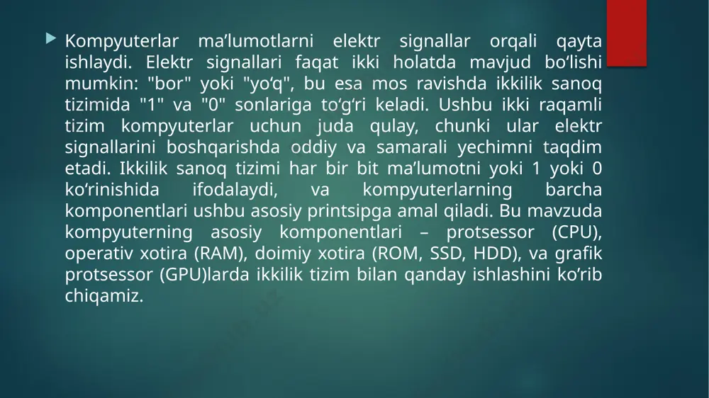 0 yoki 1) yordamida adreslanadi. ma’lumotlar ram’da quyidagicha saqlanadi: har bir hujayra 8 bitli bo‘lib, bu 1 baytga teng. masalan, agar hujayrada 01100100 (100) soni saqlangan bo‘lsa, bu kompyuterda o‘qiladi va ishlatiladi. ramning asosiy xususiyati – ma’lumotlar vaqtinchalik saqlanadi, va kompyuter o‘chirilganda ularning barchasi o‘chib ketadi. operativ xotira yoki ram – bu vaqtinchalik ma'lumotlarni saqlaydigan joy bo'lib, kompyuter o'zining joriy vazifalarini bajarishda foydalanadi. ramdagi ma'lumotlar ham ikkilik raqamlar shaklida saqlanadi. har bir bit xotira hujayrasida 0 yoki 1 qiymatida bo'ladi. masalan, 4gb ram taxminan 34 milliard bitni o'z ichiga oladi. bu bitlar ramda ikkilik kodda saqlangan va protsessor foydalanishi mumkin bo'lgan ma'lumotlarni anglatadi. misol: agar ma'lumot "a" bo'lsa, u ascii kodida 65₁₀ ga teng, bu ikkilikda 1000001₂. ramda saqlanganda, bu "a" ni 1000001 sifatida saqlaydi. ramdagi ma'lumotlar ham ikkilik raqamlar shaklida saqlanadi. har bir bit xotira hujayrasida 0 yoki 1 qiymatida bo'ladi. masalan, 4gb ram taxminan 34 milliard bitni o'z …