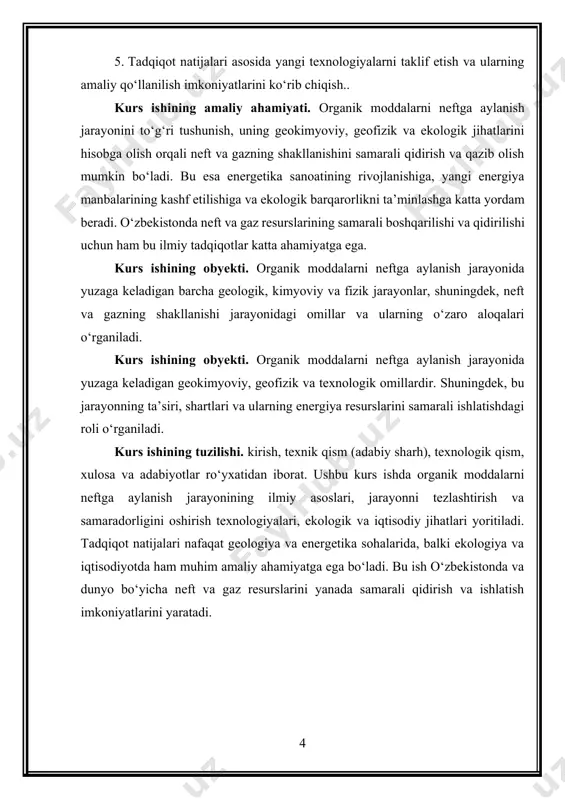 itlarida neft va gazga aylanishi mumkin. kerogen — bu organik moddalar to‘plami bo‘lib, yerning yuqori qatlamlarida, past harorat va bosim sharoitlarida diagenesis jarayonida shakllanadi. kerogen tarkibi ko‘plab omillarga, xususan, geologik sharoitlar, o‘simlik va hayvon qoldiqlarining turlari, iqlim sharoitlari va boshqa ekologik omillarga bog‘liq bo‘ladi. kerogen yerning pastki qatlamlarida yuqori harorat va bosim ostida parchalanib, neft va gazni hosil qiladi. organik moddalar tarkibida turli xil kimyoviy bog‘lanishlar mavjud bo‘lib, ular o‘simlik va hayvon qoldiqlari turlariga qarab farqlanadi. o‘simliklarning asosiy tarkibi sellyuloza, xlorofill va boshqa o‘simliklarni tashkil etuvchi organik birikmalardir. hayvonot qoldiqlari esa oqsillar, yog‘lar va boshqa murakkab molekulalardan iborat bo‘ladi. bu moddalar boshida kerogen shaklida bo‘lganiga qaramay, yillar davomida geologik sharoitlarda parchalanib, neft va gazga aylanadi. organik moddalar turlari: 1. sellyuloza va boshqa o‘simlik moddalari: o‘simlik qoldiqlari ko‘pincha karbon asosidagi birikmalardan iborat bo‘lib, ularning tarkibida yuqori miqdordagi sellyuloza va lignin bor. bu moddalar yerning yuqori qatlamlarida kerogen shaklida to‘planib, keyinchalik neft …