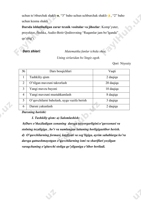 ziladi va «3 ning kvadrati» deb o qiladi. a • a ko‘paytma a² kabi yoziladi «a ning kvadrati» yoki «a kvadrat» deb o‘qiladi. berilgan: n 1 2 3 4 5 6 7 8 9 10 n2 1 4 9 16 25 36 49 64 81 100 n3 1 8 27 64 125 216 343 512 729 1000 10 ning darajalaridan foydalanib sonni xona birliklari yig’indisi ko’rinishida yozing: a) 432 b)328 d)3451 e)20450 432=4*100+3*10+2*1=4*102+3*101+2*100 3451=3*1000+4*100+5*10+1*1=3*103+4*102+5*101+1*100 3. yangi mavzuni mustahkamlash 410- misol. sonning kvadrati va kubi jadvallaridan foydalanib, n ning qiymatini toping: a) n2 =169 n = 13 b) n2=10000 n = 100 d) n3=729 n=9 e) n3=343 n= 7 412-misol 10 ning darajalaridan foydalanib sonni xona birliklari yig’indisi ko’rinishida yozing: a) 432 b)328 d)3451 e)20450 432=4*100+3*10+2*1=4*102+3*101+2*100 3451=3*1000+4*100+5*10+1*1=3*103+4*102+5*101+1*100 416-misol quyidagi sonlarning kvadrati qanday raqam bilan tugaydi? a)122 b)923 d)225 e)211 dam olish daqiqasi: bu shartda “klaster” usulidan foydalanaman. bunda 3 ta guruhning …