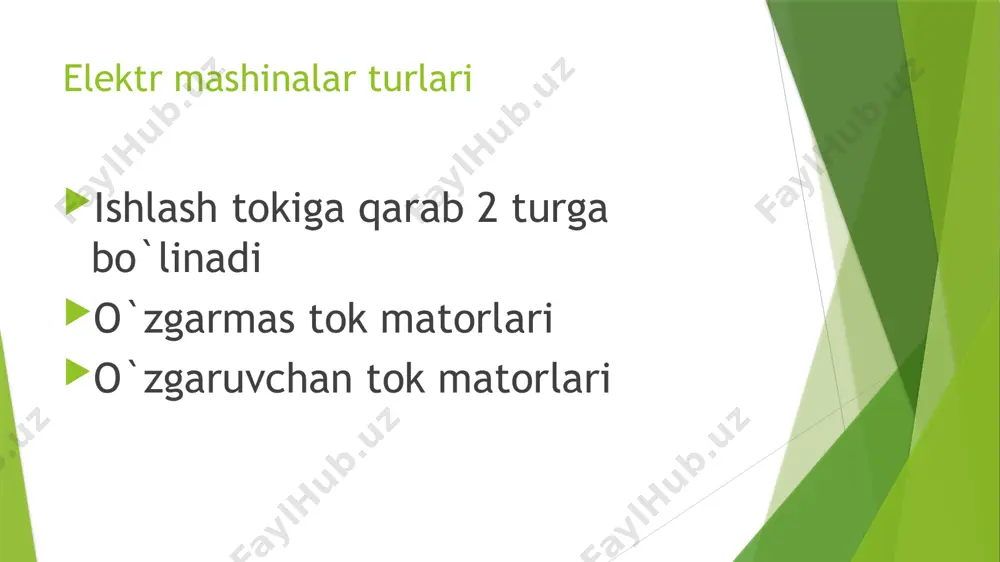 mati, ሺ 𝑉 ሻ ; 𝐼 1𝑓 − faza tokining qiymati, ሺ 𝐴 ሻ ; 𝑈 1 − liniya kuchlanishining qiymati, ሺ 𝑉 ሻ ; 𝐼 1 − liniya tokining qiymati, ሺ 𝐴 ሻ ; cos𝜑− quvvat koeffitsiyenti, 𝜑− tok va kuchlanish orasidagi faza siljish burchagi. shuningdek, motorning fik quvvatlar nisbati orqali quyidagicha ifodalanadi: 𝑃 1 =𝑃 2 /𝜂, (2.7) bu yerda 𝜂− motorning fik: reaktiv quvvat: 𝑄 1 =3∙𝑈 1𝑓 ∙𝐼 1𝑓 ∙sin𝜑= ξ 3∙𝑈 1 ∙𝐼 1 ∙sin𝜑, (2.8) bu yerda sin𝜑= ඥ 1−𝑐𝑜𝑠 2 𝜑, (2.9) asinxron motor validagi aylanish moment: 𝑀=9,55∙ 𝑃 2 𝑛 2 (2.15) 𝑀= 3∙𝐸 2 ∙𝐼 2 ∙cos𝜑 2 𝜔 2 (2.16) 𝑀=𝐶 𝑀 ∙𝐼 2𝑠 ∙𝐹 𝑚 ∙cos𝜑 2 (2.17) 𝑀=𝐶 1 ∙𝑈 1 2 (2.18) bu yerda 𝐶 1 − motorning konstruktiv ma’lumotlariga bog’liq o’zgarmas koeffitsiyent; 𝐼 2𝑠 − rotor toki, (𝐴); cos𝜑 2 − rotor toki bilan eyuk orasidagi …