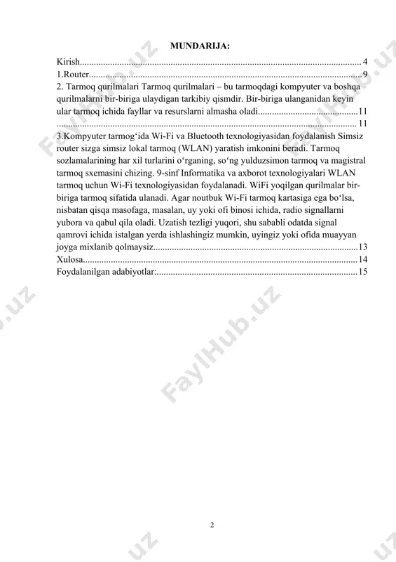 tga kirishadi, ma’lumot almashadi, birgalikda ishlash imkoniyati yaratiladi. bugungi kunda hatto oddiy uy-joylarda ham “wi-fi” tarmoqlari orqali bir nechta qurilma bitta tarmoqqa ulanadi. maktablarda, kutubxonalarda, ofislarda esa lokal tarmoqlar orqali printer, skaner, fayl almashinuvi kabi xizmatlar yo‘lga qo‘yilgan. internet esa eng yirik global tarmoq bo‘lib, butun dunyoni birlashtirgan. shu sababli, har bir zamonaviy o‘quvchi kompyuter tarmog‘i nima ekanini, uning ishlash prinsiplari va turlarini, asosiy qurilmalarini bilishi lozim. ushbu darsda siz kompyuter tarmoqlarining asosiy turlari, topologiyalari, protokollari va ularning hayotdagi qo‘llanilishi bilan tanishasiz. shuningdek, dars davomida jamoada ishlash, muammoni aniqlash va texnologik echim taklif qilish ko‘nikmalaringizni ham rivojlantirasiz. mavzu: kompyuter tarmoqlari haqida asosiy tushunchalar i. o‘quv maqsadi: ta’limiy maqsad:kompyuter tarmoqlari haqida nazariy bilim berish. tarmoq turlari (lan, wan, pan, man), protokollar, tarmoq topologiyalari va ularning vazifalarini tushuntirish. tarmoq qurilmalari (router, switch, modem) haqida tushuncha berish. tarbiyaviy maqsad: o‘quvchilarda axborot texnologiyalariga hurmat, texnik madaniyatni shakllantirish.internetdan oqilona foydalanish, kiber mada- niyatni rivojlantirish.jamoada ishlash, …