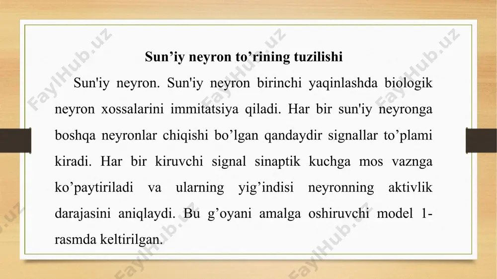 a, musbat va manfiy chekkadagi sohalardagi pasayadigan kuchaytirgichlar esa juda katta ta'sirlarni qayta-ishlashga mos keladi. shunday qilib, neyron kiruvchi signalning keng diapazonida katta kuchaytirgich bilan amal qiladi, ya'ni past signallar kuchaytiriladi va aksincha, katta signallar pasaytiriladi. mantiqiy funksiya 3-rasm boshqa keng qo’llaniladigan aktivlash funksiyalardan biri giperbolik tangens. shakli bo’yicha u logistik funksiyaga o’xshash va biologlar tomonidan nerv katagining aktivlashuvining matematik modeli sifatida ishlatiladi. sun'iy neyron to’rining aktivlash funksiyasi ko’rinishida u quyidagicha yoziladi: 4-rasm giperbolik tangens funksiyasi giberbolik tangens funksiyasi logistik funksiyalardek 𝑆 shaklidagi funksiyadir, lekin u koordinata boshiga nisbatan simmetrik va 𝑁𝐸𝑇 = 0 nuqtada 𝑂𝑈𝑇 chiquvchi signal qiymati nolga teng (4-rasm). logistik funksiyadan farqli ravishda giperbolik tangens turli ishoradagi qiymatlarni qabul qiladi va bu hol bir qator to’rlar uchun qo’l keladi. sodda sun'iy neyron modeli biologik neyronning ayrim xossalarini inkor qiladi. masalan, u sistema dinamikasiga ta'sir qiluvchi vaqt bo’yicha to’xtashlarni inobatga olmaydi. kiruvchi signallar darhol chiquvchi signallarni yuzaga keltiradi. …