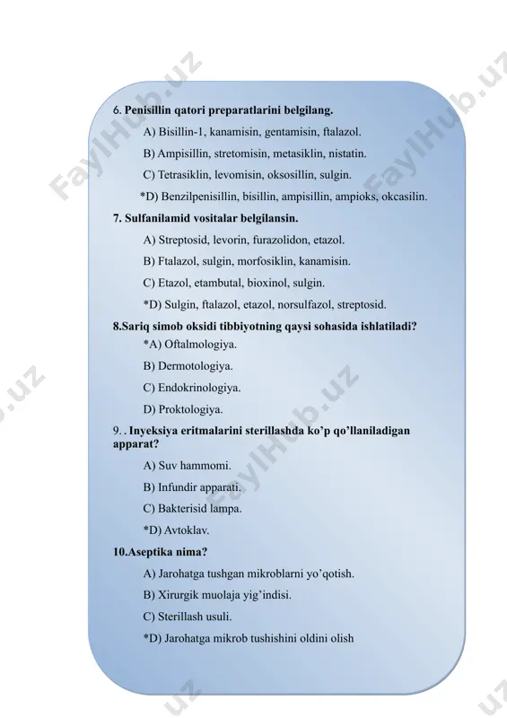 n, kanamisin. c) etazol, etambutal, bioxinol, sulgin. *d) sulgin, ftalazol, etazol, norsulfazol, streptosid. 8.sariq simob oksidi tibbiyotning qaysi sohasida ishlatiladi? *a) oftalmologiya. b) dermotologiya. c) endokrinologiya. d) proktologiya. 9. . inyeksiya eritmalarini sterillashda ko’p qo’llaniladigan apparat? a) suv hammomi. b) infundir apparati. c) bakterisid lampa. *d) avtoklav. 10.aseptika nima? a) jarohatga tushgan mikroblarni yo’qotish. b) xirurgik muolaja yig’indisi. c) sterillash usuli. *d) jarohatga mikrob tushishini oldini olish reja: 1.ziddiyatlаr hаqidа tushunchа 2.bir-birigа qo`shib bo`lmаydigаn vа qiyinchilik tug`dirаdigаn rеtsеptlаr hаqidа tushunchа 3.kеlishmоvchiliklаrni bаrtаrаf qilish usullаri mavzuning ko’rgazmali bayoni ximiyaviy kеlishmоvchi-liklаr fizikаviy kеlishmоvchiliklаr biologik kеlishmоv-chiliklаr farmatsevtik ziddiyatlar turlari farmakologikkelishmovchi-liklar dori shakllarini tayyorlashda uchraydigan nomutanosib tarkiblar. dori moddalarining nomutanosib tarkiblari deb,qisman yoki to’liq davolash xususiyatini yo’qotgan dorilarga aytiladi.bunday hollarda dori moddalarning agregat holati va fizikaviy xususiyati o’zgaradi.na-tigada dori tayyorlashda, qiyinchilik tug’iladi. bunga retseptda keltirilgan dori moddalarini gomogenligini,ya’ni bir xil aralashma hosil qilmasligini ta’kidlab o’tish mumkin. ayrim retseptlar bir qarashda qiyin va chalkash bo’lib …