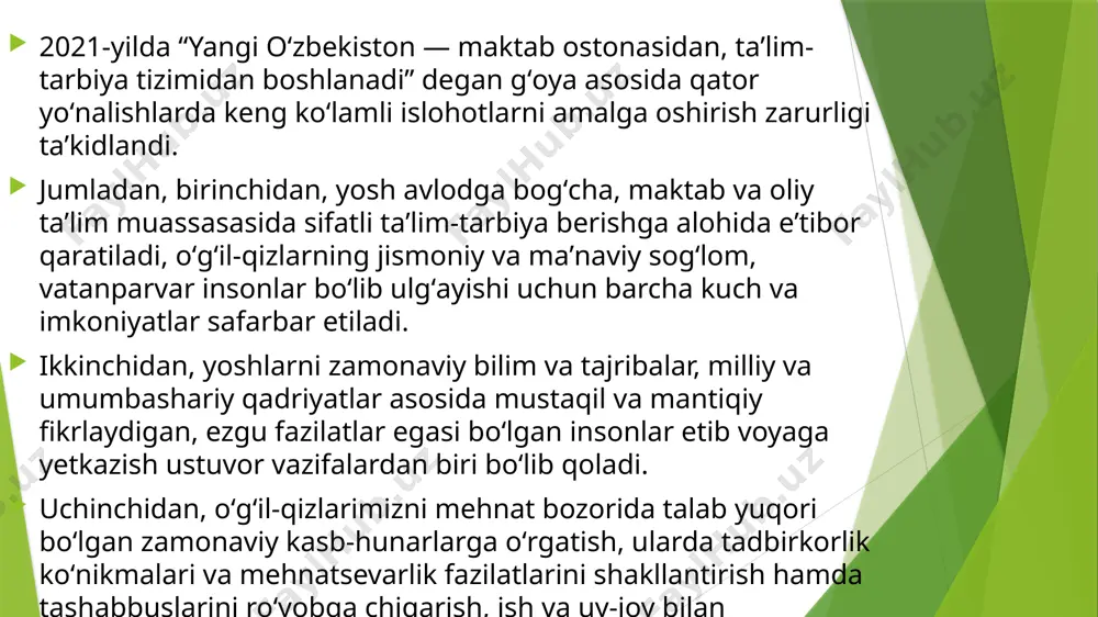 ng moliyaviy mustaqilligini taʼminlash, taʼlimda nodavlat va xususiy sektorning rolini oshirish, taʼlimni korrupsiyadan xoli sohaga aylantirish, nufuzli chet el oliy oʻquv yurtlari bilan yaqindan hamkorlikni kuchaytirish kabi vazifalarni qoʻymoqda. umuman, oldimizda turgan vazifalar juda koʻp. eng asosiysi, oʻquv-tarbiya tizimida faoliyat olib borayotgan xodimlarning zamonaviy taʼlimga qoʻyiladigan talablarga javob berishidir e'tiboringiz uchun rahmat image1.jpeg image2.jpeg