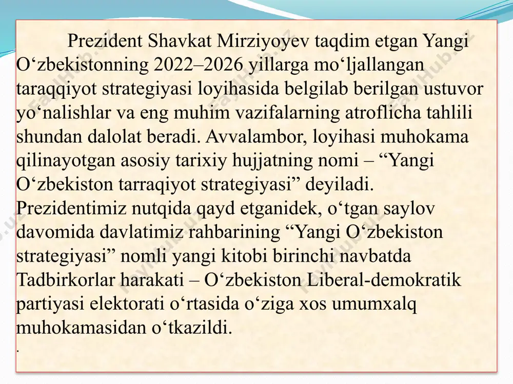 faol tashqi siyosat olib borish. yangi o‘zbekiston taraqqiyot strategiyasida “harakatlar strategiyasidan – taraqqiyot strategiyasi sari” tamoyili ilgari surilayotgani bejiz emas. chunki, avvalo, harakatlar strategiyasidagi har bir yo‘nalishni taraqqiyotning yangi bosqichida mantiqiy va izchil asosda rivojlantirish hamda yangi ustuvor yo‘nalishlarda muhim natijalarga erishish ko‘zda tutilmoqda. taraqqiyot strategiyasida asosiy e’tibor, bir tomondan, fuqarolik jamiyatini rivojlantirishga doir qonunlar, kodekslar, konsepsiya va dasturlar qabul qilinishiga qaratilgan. ikkinchi tomondan, unda qonun ustuvorligini taminlash, konstitutsiyaviy islohotni hayotga izchil tatbiq etish, milliy iqtisodiyotni rivojlantirish, kuchli ijtimoiy siyosatni amalga oshirish, manaviyatni rivojlantirish, shuningdek, global muammolarga o‘zbekistonning munosabati, xavfsizlik va tashqi siyosat borasidagi muhim vazifalar qamrab olingan. eng asosiysi, yangi o‘zbekiston taraqqiyot strategiyasidagi 7 ustuvor yo‘nalishning bosh g‘oyasi – inson qadrini ta’minlashdir. uchinchi omil: inson qadrini joyiga qo‘yishni qonuniy va tashkiliy-huquqiy yo‘llar bilan hayotimizning barcha sohalarida milliy, mintaqaviy va xalqaro hamkorlik darajalarida qanday qilib amalga oshirish kerak? to‘rtinchi omil: yangi o‘zbekiston tarraqqiyot strategiyasining nafaqat nomlanishi, ayni chog‘da unda belgilangan …