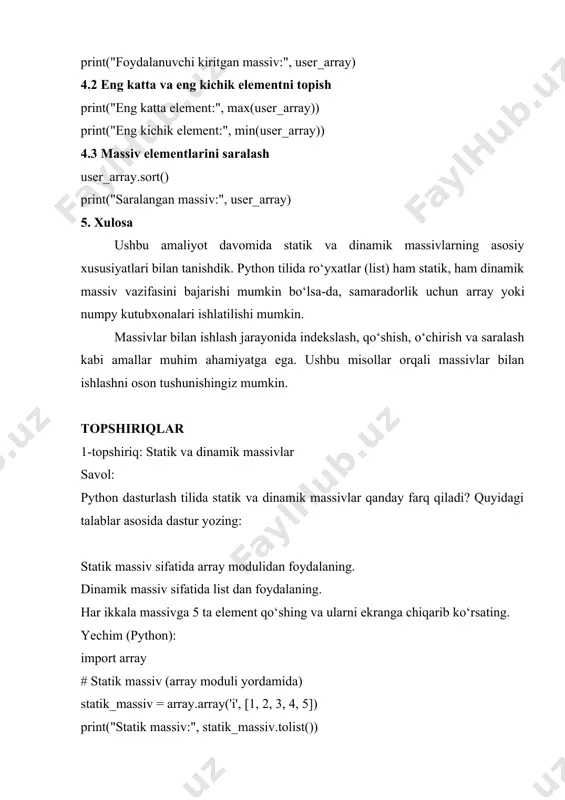 5]) print("statik massiv:", statik_massiv.tolist()) # dinamik massiv (oddiy list) dinamik_massiv = [1, 2, 3, 4, 5] print("dinamik massiv:", dinamik_massiv) 2-topshiriq: chiziqli konteynerlar bilan ishlash savol: python tilida queue (navbat) va stack (to‘plam) ma’lumotlar tuzilmalari qanday ishlaydi? quyidagi talablarni bajaradigan kod yozing: queue.queue yordamida navbat hosil qiling va unga 3 ta element qo‘shing. lifoqueue yordamida stek yaratib, unga 3 ta element qo‘shing. har ikkala tuzilmani ekranga chiqaring va ularning harakatini tushuntirib bering. yechim (python): from queue import queue, lifoqueue # queue (navbat - fifo) navbat = queue() navbat.put(10) navbat.put(20) navbat.put(30) print("navbatdan chiqarish:", navbat.get(), navbat.get(), navbat.get()) # stack (stek - lifo) stek = lifoqueue() stek.put(10) stek.put(20) stek.put(30) print("stekdan chiqarish:", stek.get(), stek.get(), stek.get())