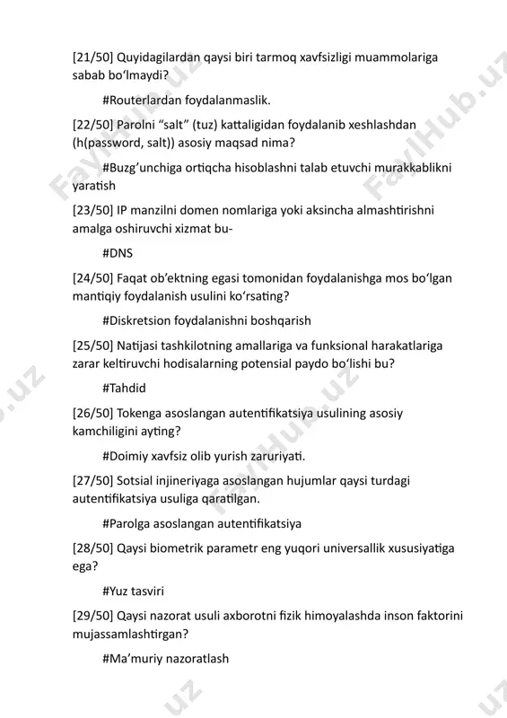 odalaydi? #ikki tomonlama autentifikatsiya [34/50] paketlarni snifferlash, portlarni skanerlash va ping buyrug‘ini yuborish hujumlari qaysi hujumlar toifasiga kiradi? #razvetka hujumlari [35/50] foydalanuvchi parollari bazada qanday ko‘rinishda saqlanadi? #xeshlangan ko’rinishda [36/50] hajmi bo‘yicha eng kichik hisoblangan tarmoq turi bu – #pan [37/50] qoida, siyosat, qoida va siyosatni mujassamlashtirgan algoritmlar, majburiyatlar va maslahatlar kabi tushunchalar qaysi foydalanishni boshqarish usuliga aloqador. #attributga asoslangan foydalanishni boshqarish [38/50] biba modeli axborotni qaysi xususiyatini ta’minlashni maqsad qiladi? #butunlik [39/50] marketing maqsadida yoki reklamani namoyish qilish uchun foydalanuvchini ko‘rish rejimini kuzutib boruvchi zararli dastur turi bu? #adware [40/50] tokenga asoslangan autentifikatsiya usuliga qaratilgan hujumlarni ko‘rsating? #fizik o’g’irlash, mobil qurilmalarda zararli dasturlardan foydalanishga asoslangan hujumlar [41/50] esda saqlashni va olib yurishni talab etmaydigan autentifikatsiya usuli bu – #biometrik autentifikatsiya [42/50] quyidagilardan qaysi biri to‘liq kompyuter topologiyalarini ifodalamaydi. #lan,gan,osi [43/50] tcp/ip tarmoq modeli nechta sathdan iborat? #4 [44/50] qaysi turdagi shifrlash vositasida shifrlash jarayonida boshqa dasturlar kabi kompyuter resursidan …