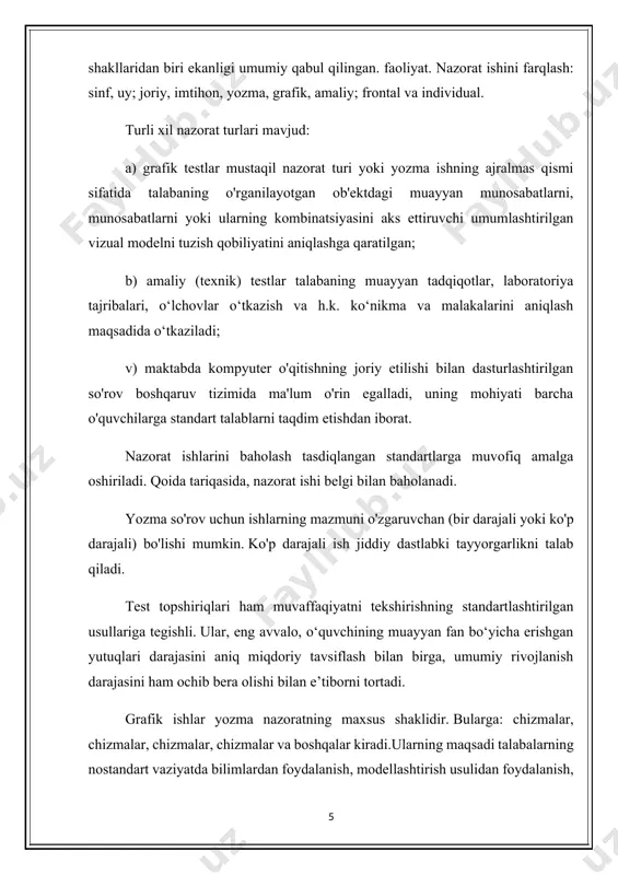 umumiy natijasi tahlil qilinadi. endi eski usullar bilan harakat qilish mumkin emasligi aniq. umumiy muvaffaqiyatdan manfaatdor bo'lgan o'qituvchi va talaba natijaning o'zi haqida emas, balki nima uchun rejalashtirilgan ko'rsatkichlarga erishilmagani yoki to'liq erishilmaganligi haqida ko'proq ma'lumotlarga muhtoj. shuning uchun zamonaviy maktabda ta'lim yutuqlarining diagnostikasi kabi tushuncha paydo bo'ldi. diagnostika natijani jarayon bilan birga ko'rib chiqadi: u o'quvchining ishini o'qituvchining ishidan ajratmaydi; o'quvchini o'qitish jarayoni uning imkoniyatlari, qobiliyatlari, mayllari bilan birga ko'rib chiqiladi. asosiysi, qanday natijalarga erishilganligini, jarayon qanchalik samarali bo'lganini, nimani allaqachon shakllangan deb hisoblash mumkinligini va yana nimani yaxshilash kerakligini aniqlashdir. buni aniqlash uchun diagnostika qo'llaniladi. diagnostika - ta'lim jarayonining borishi va natijalari to'g'risida ma'lumot olishning umumiy usuli. maktab diagnostikasining vazifalari: - ta'lim jarayonlari va natijalarini tahlil qilish (maktab ta'limiga tayyorgarlik, aqliy funktsiyalarning etuklik sur'ati, erishilgan yutuqlar); - o'quv jarayonlari va natijalarini tahlil qilish (o'rganishning hajmi va chuqurligi, to'plangan bilim, ko'nikmalardan foydalanish qobiliyati, fikrlashning asosiy usullarini shakllantirish darajasi, ijodiy …