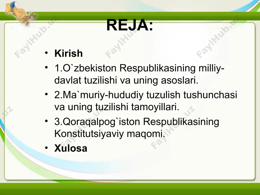 itlariga, о`zbek xalqining azaliy an`analariga, demografik va etnografik holatiga mos tushadi. mazkur milliy davlat tuzilishi va uning rivojlanish asoslari prezidentimiz asarlarida chuqur yoritib berilgan va о`zbekistonning о`z ijtimoiy-iqtisodiy va siyosiy yо`lining besh asosiy tamoyillarida aks ettirilgandir. har bir mustaqil davlatning muhim belgilaridan biri о`z chegarasi doirasidagi yagona ma`muriy hududiga ega bо`lishidir. "о`zbekiston respublikasining davlat mustaqilligi asoslari tо`g`risida"gi qonunning 4 va 17-moddalariga binoan respublikamiz davlat chegarasi va hududi dahlsiz va bо`linmasdir. uning xalqi о`z hohish-irodasini erkin bildirmasdan turib, davlat chegarasi va hududining о`zgartirilishi mumkin emas. о`zbekiston tarkibida bо`lgan qoraqalpog`iston respublikasining hududiy butunligi va mustaqilligi e`tirof etiladi. ushbu huquqiy holat birlashgan millatlar tashkiloti nizomiga va mustaqil davlatlar hamdо`stligining 1991 yil 21 dekabrdagi olmaotada imzolangan xalqaro shartnomasiga tо`la ravishda mos tushadi. konstitutsiyaviy huquq nuqtai nazardan qaraganda kelajakda ma`muriy-hududiy tuzilmalarda yuqorida sanab о`tilgan vazifalarni amalga oshirish uchun qonun kuchiga ega bо`lgan huquqiy-me`yoriy hujjatlarni qabul qilish va albatta, ularni amalga oshirishning ta`sirchan mehanizmini yaratish talab …