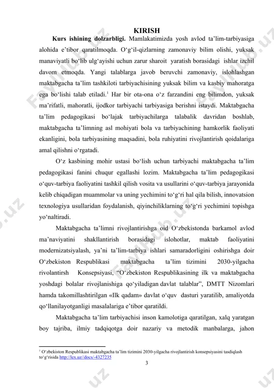 lotllari va ota-onalar hamkorligi jarayoni. kurs ishining predmetini: maktabgach ta’lim tashkilotlari va ota-onalar bilan hamkorlik qilishning pedagogik asoslari. kurs ishining maqsadi: mtt va ota-onalar hamkorligining usullarining bola tarbiyasidagi ahamiyatini oʻrganish. kurs ishining vazifalari: -mtt va ota-onalar hamkorligini to‘g‘ri tashkil etishni o‘rganish; -bolarning tarbiyasida va rivojlanishida ikkala tomonning rolini tatbiq qilish; -ota-ona va tarbiyachilarning o‘zaro hamkorlikdagi faoliyatini tartibga solish; -maktabgacha ta’lim tashkilotlaridagi bolalar uchun tuzilgan kun tartiblarini oilada ham to‘g‘ri tatbiq etilishini o‘rganish. kurs ishining metodlari: kuzatish, suhbat va taqqoslash. kurs ishining tuzilishi: kurs ishi kirish, 2 bob, har bir bobda 2 paragraf, xulosa va tavsiyalar, foydalanilgan adabiyotlardan iborat. i bob. maktabgacha ta’lim tashkilotlarining, maktab, ota-onalar bilan hamkorlikni shakllantirishni tashkil etish 1.1. maktabgacha ta’lim tashkilotidagi bolarning ota-onalari va maktab bilan hamkorlik o‘rnatish asoslari barkamol inson tarbiyasi, bola tarbiyasida ota-ona mas’uliyatini oshirish, ularni pedagogik-psixologik bilimlar bilan qurollantirish bugunning eng dolzarb masalasidir. o‘zbek milliy qadriyatlari, milliy madaniyati, bola tarbiyasi va rivojlanishi haqidagi pedagogik …