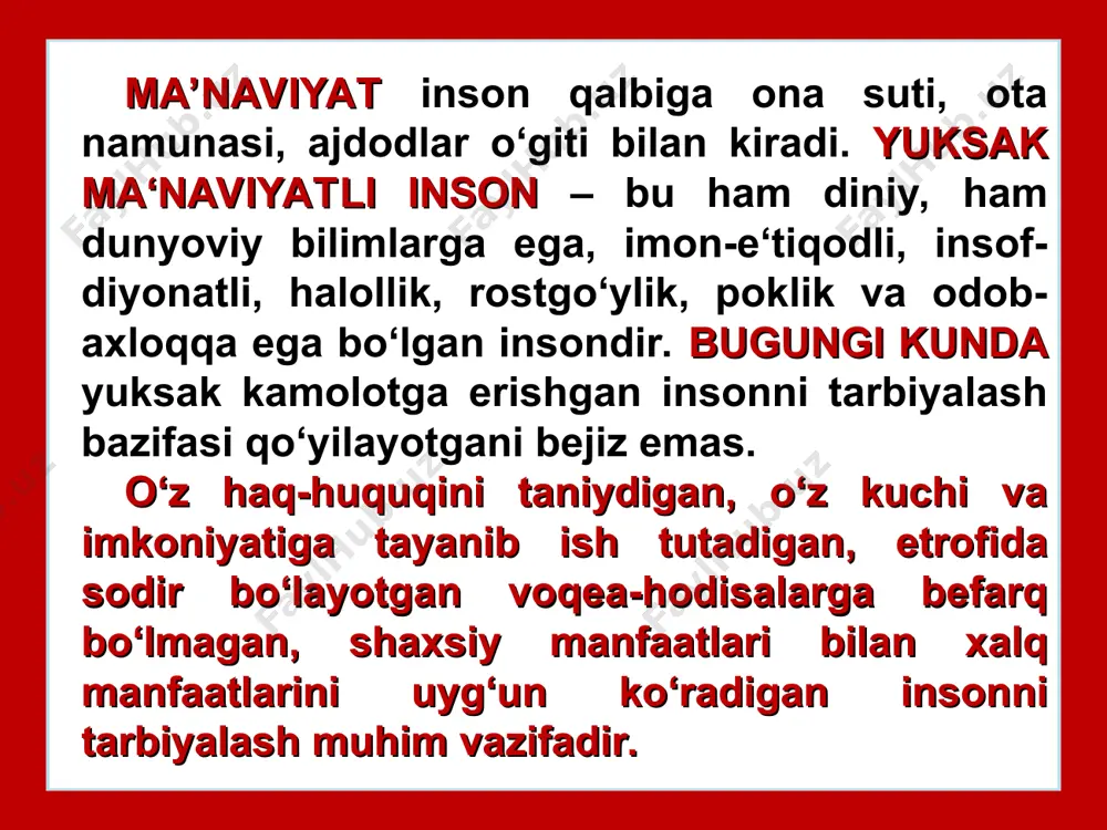 ni hokimiyat uchun kurashiga, siyosat, iqtisodiyot, qonun chiqarishga aralashishiga yo‘l qo‘yilmaydi; ma‘naviy tiklanishda, umuminsoniy qadriyatlarni qaror toptirishda diniy uyushmalar bilan hamkorlik qilish. tarixiy shaharlarning yubileylari: 1997-yil buxoro shahrining – 2500 yilligi 1997-yil xiva shahrining – 2500 yilligi 2002-yil termiz shahrining – 2500 yilligi 2002-yil shahrisabz shahrining – 2700 yilligi 2006-yil qarshi shahrining – 2700 yilligi 2007-yil marg’ilon shahrining – 2000 yilligi 2007-yil samarqand shahrining – 2750 yilligi 2009-yil toshkent shahrining – 2200 yilligi 1997-yil 20-oktyabrda xiva shahrining 2500 yilligi tantanalari bo‘lib o‘tdi. xiva o‘zining me‘moriy majmuasi yaxlitligi bilan moda yagona hisoblanadi. bu yerda ichan qal‘a mashhurdir. uning umumiy maydoni 26 gektarni tashkil etadi. bu yerda xon saroyi, ichki qal‘a, shahriston bunyod etilgan, ichan qal‘a devorining umumiy uzunligi 200 metrni tashkil etadi. qal‘ada 4 ta darvoza bor. qal‘a ichida hunarmandlar, kociblar, savdogarlar yashashgan. xiva yunesko-ning ro‘yxatiga kirgan shahardir yuneskoning qarori bilan qarshi shahrining 2700 yilligi 2006-yil 27-oktyabrda nishonlandi. yubileyga atab “qarshi” …