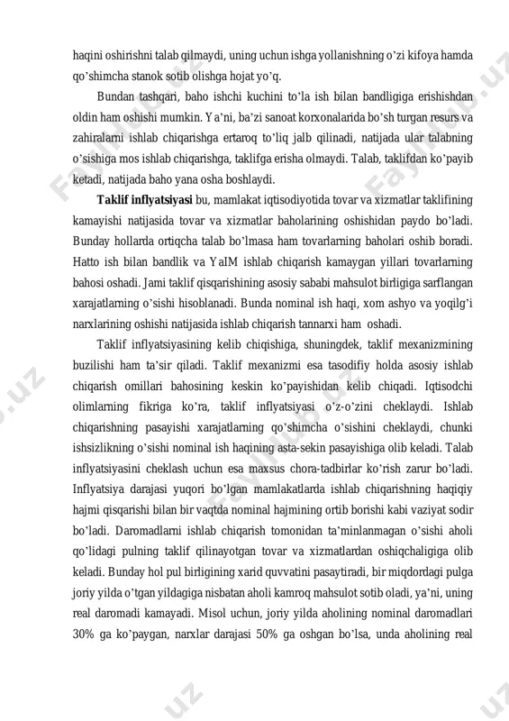 shlaydi. taklif inflyatsiyasi bu, mamlakat iqtisodiyotida tovar va xizmatlar taklifining kamayishi natijasida tovar va xizmatlar baholarining oshishidan paydo bo’ladi. bunday hollarda ortiqcha talab bo’lmasa ham tovarlarning baholari oshib boradi. hatto ish bilan bandlik va yaim ishlab chiqarish kamaygan yillari tovarlarning bahosi oshadi. jami taklif qisqarishining asosiy sababi mahsulot birligiga sarflangan xarajatlarning o’sishi hisoblanadi. bunda nominal ish haqi, xom ashyo va yoqilg’i narxlarining oshishi natijasida ishlab chiqarish tannarxi ham oshadi. taklif inflyatsiyasining kelib chiqishiga, shuningdek, taklif mexanizmining buzilishi ham ta’sir qiladi. taklif mexanizmi esa tasodifiy holda asosiy ishlab chiqarish omillari bahosining keskin ko’payishidan kelib chiqadi. iqtisodchi olimlarning fikriga ko’ra, taklif inflyatsiyasi o’z-o’zini cheklaydi. ishlab chiqarishning pasayishi xarajatlarning qo’shimcha o’sishini cheklaydi, chunki ishsizlikning o’sishi nominal ish haqining asta-sekin pasayishiga olib keladi. talab inflyatsiyasini cheklash uchun esa maxsus chora-tadbirlar ko’rish zarur bo’ladi. inflyatsiya darajasi yuqori bo’lgan mamlakatlarda ishlab chiqarishning haqiqiy hajmi qisqarishi bilan bir vaqtda nominal hajmining ortib borishi kabi vaziyat sodir bo’ladi. …