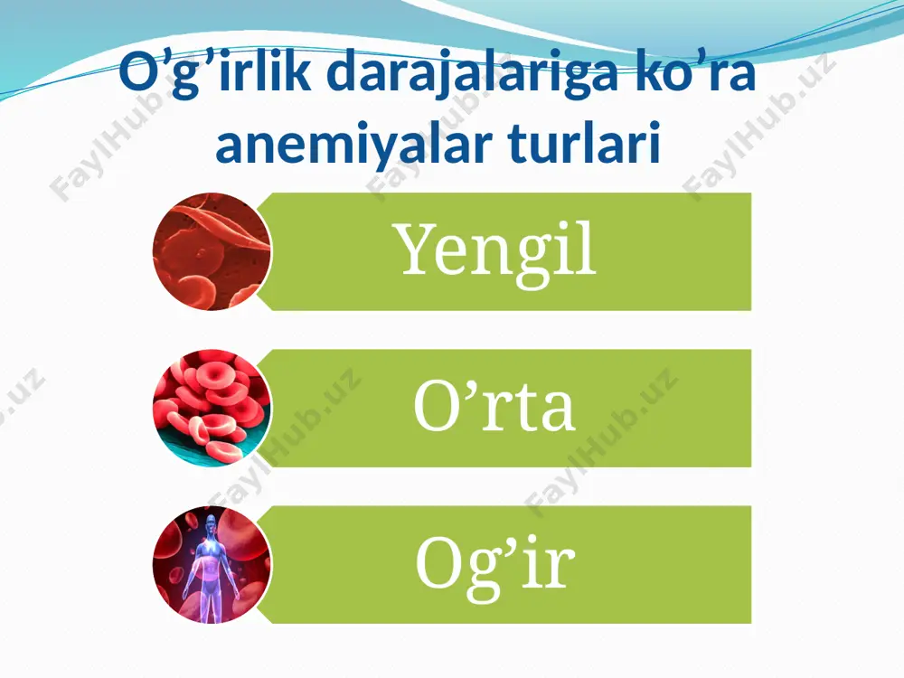 igan autosom dominant kasallikdir. 2 xil formasi mavjud: 1. gomozigotali formasi 2. geterozigotali formasi . gomozigotali formasi-nuqson ham otadan ham onadan o'tadi. kasallik belgilari yoshlikdan paydo bo'ladi. klinikasida * holsizlik, bosh aylanishi, hansirash, yurak tez urishi; *jismoniy rivojlanishning orqada qolishi; * teri rangpar, sarg'aygan boshda kengaygan venoz to'r bo'lishi; * kalla suyagi «квадратсимон" shaklda; * splenomegaliya. . geterozigotali formasi- polipeptiddagi nuqson yo otadan yoki onadan o'tadi. gomozigotali turiga nisbatan yengil kechadi. bemorlarda sariqlik va anemik belgilar rivojlanadi. asoratlari: kasallik uzoq davom etsa: * o't-tosh kasalligi; * trofik yaralar; * miokarddistrafiya natijasida qon aylanish yetishmovchiligi yuzaga kelishi mumkin. oilada 4farzandning 3tasi betta talassemiyaning gomozigotali turi bilan kasallangan holati nishonsimon eritrotsitlarning bo'lishi talassemiya da laborator va instrumental tekshirish usullari 1.umumiy qon tahlili 2.umumiy siydik tahlili 3.umumiy axlat tahlili 4. qon biokimyoviy tahlil билирубин,алт.аст 5. miyelogramma instrumental tekshirish usullari 1.ichki organlar utt si 2.rentgenografiya 3 экг. diagnostika. umumiy qon tahlili gomozigotali turida: 1.hb- …