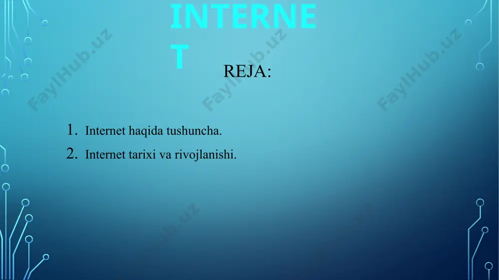 birinchi kompyuter tarmoqlaridan biri arpanet (arpa advanced research project agency – ilg‘or tadqiqot loyiha agentligi) loyihasini amalga oshira boshladi. xo‘sh, internetni kim ixtiro qildi? internet kashfiyotchisi bitta odam emas. ammo uning tashqi qiyofasiga eng katta shaxsiy hissa qo‘shganlardan, quyidagi odamlarni ajratib ko‘rsatish mumkin. arpanet yaratish va yaratuvchilarning tashabbuskorlari. jozef liklider, larri roberts, shuningdek pol beran va bob teylor. tcp / ip protocolini yaratuvchilar: vintli sirt va bob kan. “www” ning yaratuvchisi tim berners-li. 1997 yilga kelib dunyo bo‘ylab 10 millionga yaqin kompyuter internetga ulandi va 1 million dan ortiq domen nomlari ro‘yxatga olindi. birinchi internet loyihalar arpa (aqsh armiyasidagi yangi texnologiyalar uchun javob beruvchi agentlik)da paydo bo‘lgan g‘oyalardan biri tarmoqqa birlashtirilgan kompyuterlardan foydalanish bo‘ldi. g‘oya mohiyati shundan iborat ediki, bu tarmoq tugunlari maxsus ajratilgan inshootlarda bo‘lib, ulardan biri ishdan chiqqan taqdirda, qolgani avtonom ishlay olardi. bu esa har qanday xabarni zudlik bilan tegishli manzilga yo‘llash imkonini berar edi. aqshning 4 …