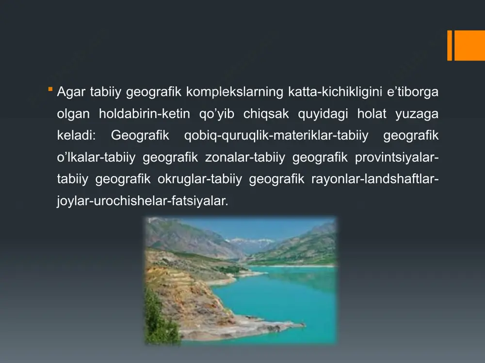 a jaraѐnlarning eng kuchli namoѐn bo’lgan joyidir. yer sathidan ikki tomonga uzoqlashgan sari turli-tumanlik kamayib boradi. shu ma’noda v.a.bokovning (1983) tabiiy geografik komplekslarning makon va zamondagi shakllanishi haqida bildirilgan fikrlari e’tiborga loyiqdir. ya.demek (1977) ham tabiiy geografik komplekslarning tuzilishida ma’lum bir miqѐsiy tartib borligi haqida fikr bildirib, eng katta o’lchamlar planetar (dunѐviy) ko’lamdagi tabiiy geografik komplekslarga xosligi va yerning shakli tufayli bunday tabiiy geografik komplekslarning turli qismlarida modda va energiyaning kirib kelishi bir tekisda bo’lmasligi natijasida ichki tabaqalanish yuz berishini eslatib o’tadi. uningcha, planetar ko’lamdagi tabiiy geografik komplekslar bir butun xosila bo’lishi bilan bir vaqtda bir qator ikkinchi darajali tabiiy geografik komplekslardan tashkil topgandir. ularning har biri ma’lum tabiiy geografik chegaralarga va o’ziga xos xususiyatlarga egadir. o’rmon tundra landshaftlarining vertikal tuzilishini o’rgangan k.n.dьyakonov (1971) oq qayinli siyrak o’rmon fatsiyalarining yuqorigi chegarasini 4-5 metrdan, urochishelarning yuqorigi chegarasini esa yer yuzidan 7-9 metr balanddan o’tishini aniqlagan. uning fikricha, ana shu balandliklarda fatsiyalar …