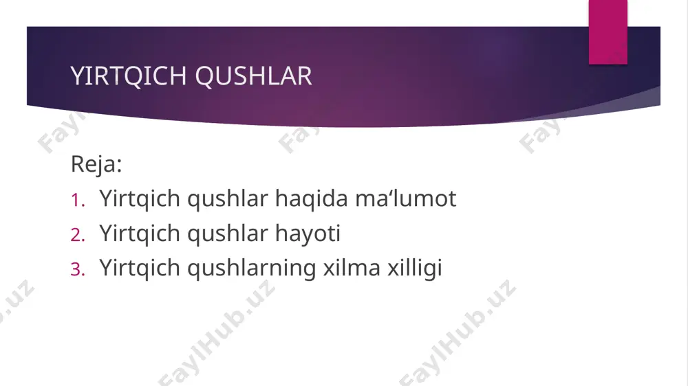 ar xil yoshda boʻladi. yirik yirtqich qushlar. (mas, burgut, boltayutar) 2 oy, maydalari 1 oyga yaqin tuxum bosadi. mayda va oʻrtacha kattalikdagi qushlarning joʻjasi 1 oydan, yirik qushlarniki 3, hatto 4 oydan soʻng uchirma boʻladi. y.q. har xil hayvonlar, asosan, sut emizuvchilar, qushlar va hasharotlar, baʼzan hayvonlar oʻlimtigi bilan oziqlanadi. tropik mintaqalarda (afrika) yashovchi ayrim yirtqich qushlar mevalar bilan oziqlanadi. oʻljasini havodan turib izlaydi; shuning uchun koʻzlari, uchish qobiliyati yaxshi rivojlangan. yilda bir marta uzoq vaqt toʻliq tullaydi. yirtqich qushlar . yirtqich qushlar kishilarning xoʻjalik faoliyatida muhim ijobiy ahamiyatga ega. koʻpchilik turlari q.x. ekinlari zararkunandalari, kemiruvchilar, hasharotlarni qirib foyda keltiradi. boshqalari esa kuchsiz va kasallangan hayvonlar bilan oziqlanishi tufayli tabiatda doim sodir boʻlib turadigan tabiiy tanlanish asosiy omili hisoblanadi. y.q. ning soni kamayib borayotganligi sababli koʻpchilik mamlakatlarda muhofaza qilinadi. 290 ta turi maʼlum. y.q. turkumi 5 ta oilaga boʻlinadi. oʻzbekiston hududida lochinlar va qarchigʻaylar oilasiga mansub boʻlgan 40 turi uchraydi. …