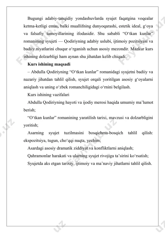 ganib, ularni badiiy tahlilga yo‘naltirgan. abdulla qodiriy o‘zbek adabiyotida tarixiy roman janrining shakllanishiga asos soldi. uning asarlari nafaqat adabiy, balki tarixiy va ijtimoiy manba sifatida ham katta ahamiyatga ega. u zamonaviy o‘zbek adabiyotining poydevorini yaratgan, xalqning ogohligini oshirishga, milliy o‘zlikni anglashga xizmat qilgan ijodkordir. afsuski, 1937-yilgi qatag‘on davrida abdulla qodiriy “xalq dushmani” degan tuhmat bilan hibsga olinib, 1938-yili qatl etilgan. uning nomi faqat 1956-yilda oqlanib, asarlari qayta nashr etila boshlandi. bugun uning ijodi maktab va oliy ta’lim tizimida o‘rganiladi, ilmiy tadqiqotlarga mavzu bo‘lmoqda. «abdulla qodiriyning ijodiy yо‘li» risolasiga qadar va undan keyin ham uzoq yillar hech kim qodiriyning san’atkorligini oybek darajasida nozik his etgan, teran ochib bergan emas. oybek bu risolasida, ulug‘ adib romanlaridagi bosh qahramonlar tasviri, talqini xususida ayrim tanqidiy mulohazalar bildirgani holda, yondosh personajlar ifodasiga juda yuksak baho beradi. chunonchi, «о‘tkan kunlar»dagi о‘zbek oyimni «eng jonli, realistik chiziqlar bilan kо‘rsatilgan shaxs» deb ataydi; “mehrobdan chayon”dagi solix maxdum obrazini …