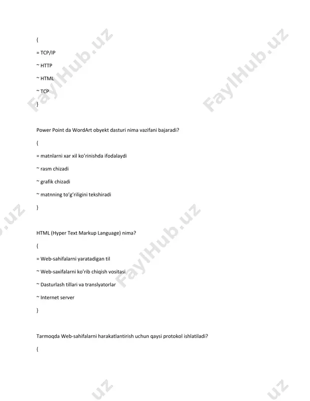 oma ~ internet protocol- shaxsiy qaydnoma ~ internet protocol - kommunikasion funksiya ~ internet protocol - informasion funksiya } dns server(modul)lari nima ishni bajaradi? { = domen nomlarini ip adreslarga aylantirib berishni amalga oshiradigan maxsus dasturlar to’plami ~ domenlarning darajalarini aniqlash va ularni boshqarish uchun xizmat qiladi ~ domenli ma’lumotlarni saqlash uchun xizmat qiladi ~ nomlarning domen sistemasini ishlashga majbur qiladigan tizimdir } keltirilgan amallarning qaysi biri taqdimotlarni saqlash uchun mo‘ljallanmagan? { = “ctrl+ f12” tugmalar birikmasi ~ “fayl\soxranit kak” menyu amali ~ “ctrl+s” tugmalar birikmasi ~ “shift+f12” tugmalar birikmasi } taqdimotga (prezentasiya) yangi slayd qo‘shish uchun qanday amalni bajarish kerak? { = «главная\создат слайд menyu amalini ~ «ссилка\вставка слайд menyu amalini ~ «вид\новый слайд menyu amalini ~ «файл\создать таблицу menyu amalini } qaysi qurilmalar ma’lumotlarni chiqarish uchun foydalaniladi: a) klaviatura b) monitor c) skaner d) printer e) plotter { = b, d, е ~ a, d, c ~ b, …