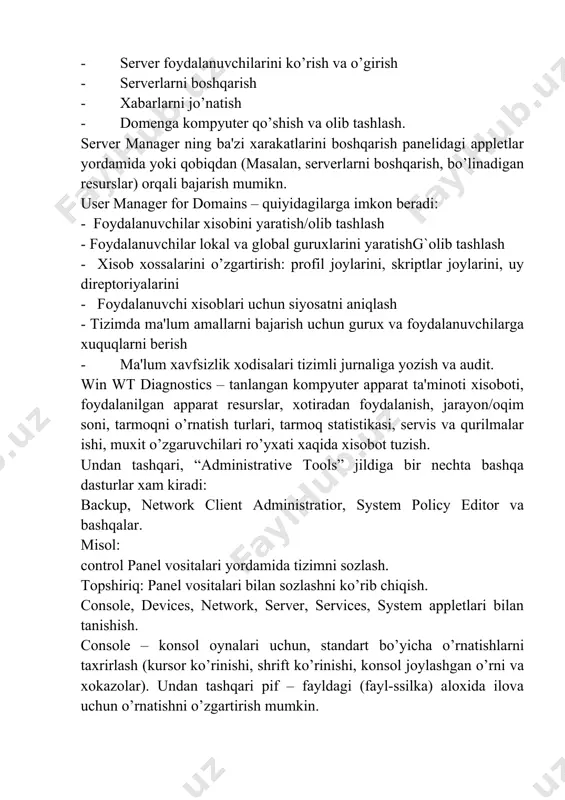 islari va ularni bog’lashni boshqarish. server - server manager kabi. system – ko’chiradigan vazifali fayl o’lchami va joyini o’zgartirish, tizim va foydalanuvchi o’zgaruvchilarni, tizimning ba'zi yuklanish paramеtrlarini o’zgartirish, apparat profillarini yaratishg`olib tashlash. misol: 1. system applеti yordamida ko’chirish faylini o’lchamini va joyini o’zgartirish mumkin. 2. services applеti, xizmatlarni to’xtatish, to’xtatib turish, ishga tushirish va xizmatlarni ishga tushirish tipini boshqarishga imkon bеradi. qisqacha xulosa. win nt server ni boshlan?ich o’rnatish ko’pincha muammosiz o’tadi. nt server birlamchi domеn kontrollеri yoki oddiy sеrvеr sifatida ishlashi mumkin. standart taqdimda, win nt server bir nеchta sеrvеr ko’rinishida bo’lib, ularni bеvosita installyatsiya vaqtida o’rnatish yoki kеyinroq qo’shish mumkin. win nt server, back office majmuasidagi: ms sar, server, sms server, mail server sеrvеrlar uchun asos bo’lib xizmat qiladi, bunda bir vaqtning o’zida foydalanuvchiga xamma dasturlar bilan, xuddi nt workstation kabi, o’sha apparat rеsurslarni talab qilgan xolda o’sha imkoniyatlarni bеrib ishlaydi