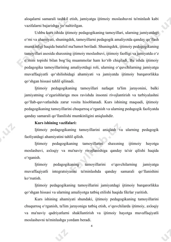 ordam ko‘rsatish, hamda uning jamiyatga moslashishi uchun zarur bo‘lgan yondoshuvlarni belgilaydi. ijtimoiy pedagogikaning tamoyillari jamiyatdagi o‘zgarishlar, yangi pedagogik qarashlar va ilmiy yondoshuvlar bilan birga rivojlanib boradi. ular har bir o‘quvchiga individual yondashuvni, ijtimoiy va ma'naviy qadriyatlarni o‘rgatishni, o‘quvchilarni jamiyatda to‘g‘ri va mas'uliyatli fuqaro bo‘lishga tayyorlashni o‘z ichiga oladi.[footnoteref:1] shuning uchun, ijtimoiy pedagogikaning tamoyillari nafaqat pedagogik faoliyatning asosiy tamoyillari, balki jamiyatda shakllanayotgan ijtimoiy me'yorlar, ma'naviy qadriyatlar va axloqiy muammolarga ham to‘g‘ri keladi. [1: jumaniyozov, a. (2015). ijtimoiy pedagogika. toshkent: o‘zbekiston milliy universiteti nashriyoti.] ijtimoiy pedagogikaning tamoyillari o‘zining rivojlanish yo‘lida bir qator bosqichlardan o‘tgan. ilk tamoyillar tarbiya jarayonida o‘qituvchi va o‘quvchi o‘rtasidagi an'anaviy munosabatlar, ma'lum bir ijtimoiy qatlamning qadriyatlarini o‘rganishga asoslangan edi. ammo vaqt o‘tishi bilan, ijtimoiy pedagogikaning tamoyillari yangi ijtimoiy, psixologik va madaniy muhitga moslashtirildi. ushbu rivojlanish jarayonida bir necha asosiy tamoyillar o‘z shaklini oldi. 1. barcha qamrovchanlik tamoyili: ushbu tamoyil ijtimoiy pedagogikaning asosiy tamoyillaridan biridir. barcha qamrovchanlik tamoyili shuni anglatadiki, …