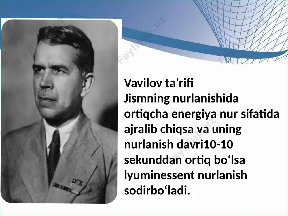 oydalanib ko‘pchilik moddalar miqdoriy analiz qilinadi. lyuminessensiyani vujudga keltirish uchun odatda ul’trabinafsha nurlaridan foydalaniladi. lyuminessent usuli juda sezgir metodlar qatoriga kiradi va uning yordamida moddalarning kam miqdorlarini (10-6 - 10-8 g/ml) aniqlash mumkin. bundan tashqari kimyoviy analizda ba’zi lyuminessent hossaga ega bo‘lgan organik birikmalar titrlash jarayonida indikatorlar tariqasida ishlatilishi bilan muhim ahamiyatga ega. organik moddalarning molekulasi kislotali yoki asosli hossalarga ega bo‘lsa, eritmada vodorod ionlari konsentratsiyasi o‘zgarishi bilan ularning lyuminessensiyasi ham o‘zgaradi. kimyoviy analizning titrimetrik metodlarida bunday birikmalar lyuminesssent indikatorlar deb ataladi va ular moddalarning miqdorini aniqlashda muhim ahamiyatga ega. lyuminessent analiz usuli sanoatda, qishloq xo‘jaligida keng qo‘llaniladi. image1.jpeg image2.jpeg image3.jpeg image4.jpeg image5.jpeg image6.jpeg image7.jpeg image8.png image9.jpeg image10.jpeg image11.jpeg image12.jpeg image13.png image14.jpeg image15.jpeg image16.jpeg image17.jpeg image18.jpeg image19.jpeg image20.jpeg